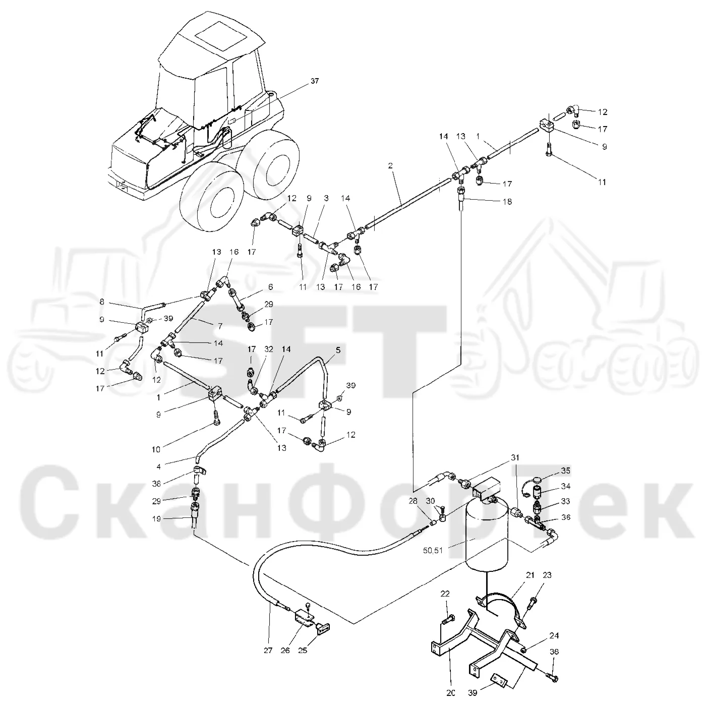 Схема: Valmet / Форвардер / Valmet 840.1 / Valmet 840.1 / Каталог запасных частей / шасси / Пожаротушение / Трубопровод пожаротушения