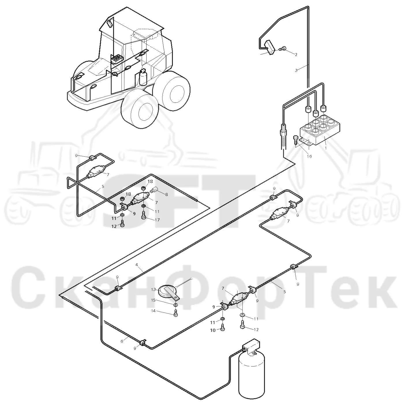 Схема: Valmet / Форвардер / Valmet 840.1 / Valmet 840.1 / Каталог запасных частей / шасси / Пожаротушение / Комплект электрооборудования пожаротушения