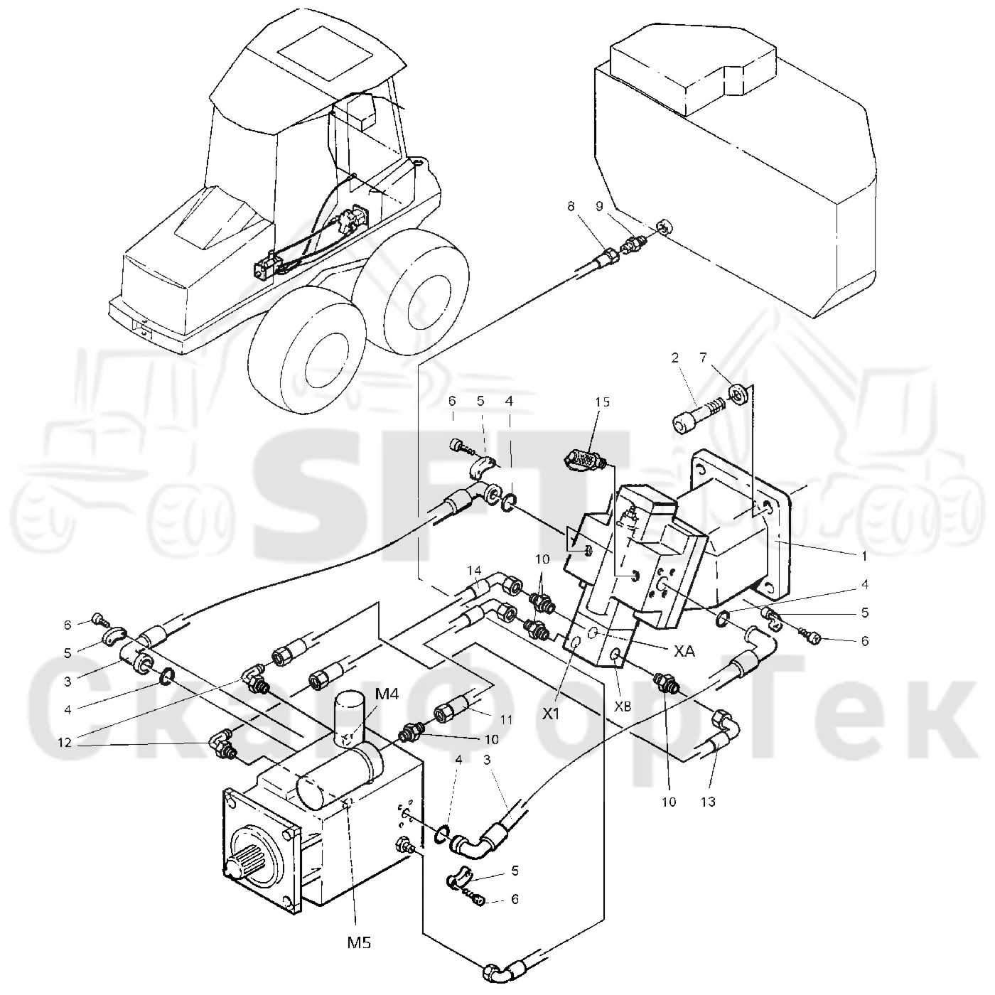 Схема: Valmet / Форвардер / Valmet 840.1 / Valmet 840.1 / Каталог запасных частей / Коробка передач / Оборудование гидростатики / Подвод гидростатического шланга