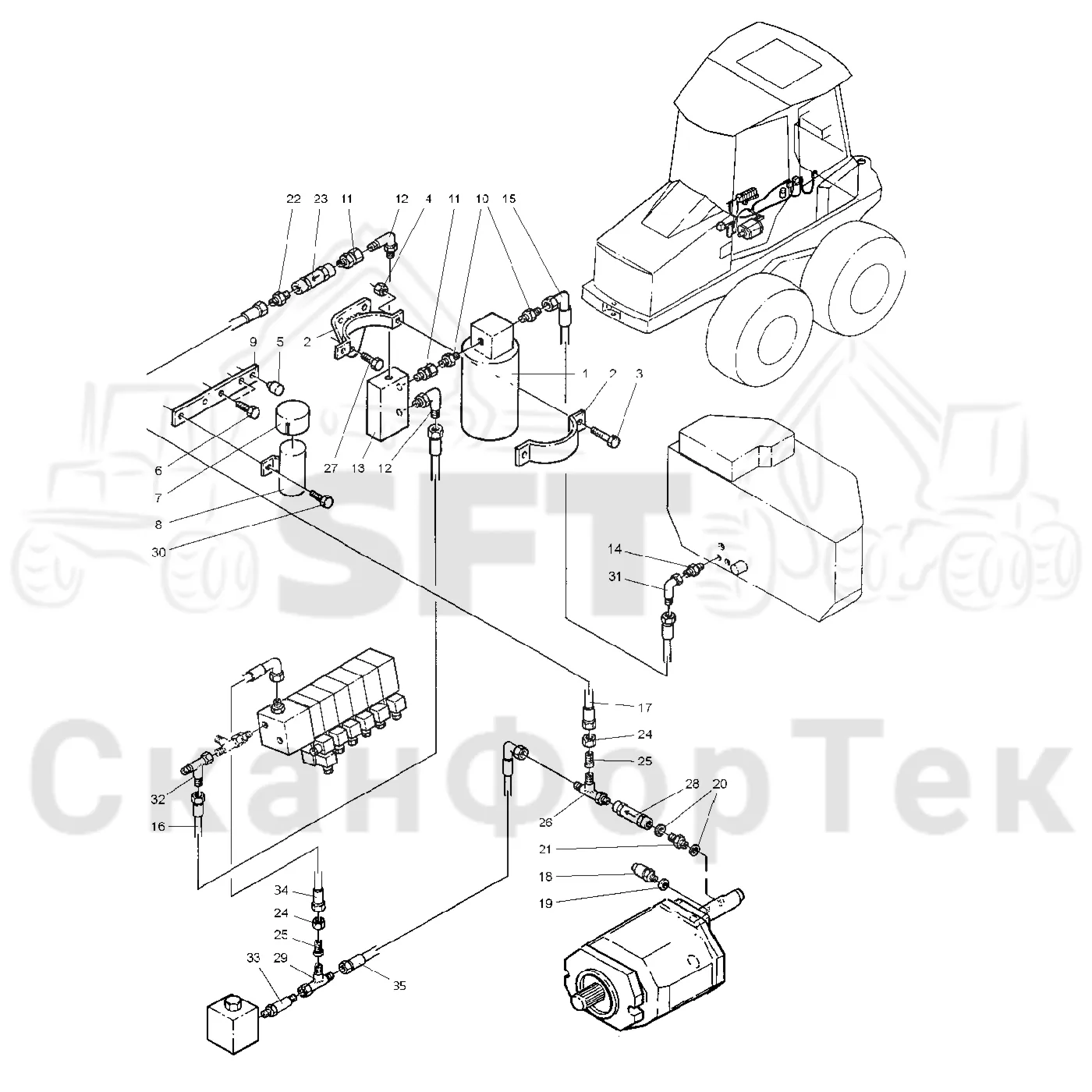 Схема: Valmet / Форвардер / Valmet 840.1 / Valmet 840.1 / Каталог запасных частей / Рулевое управление / Аварийное рулевое управление / Аварийное гидравлическое рулевое управление