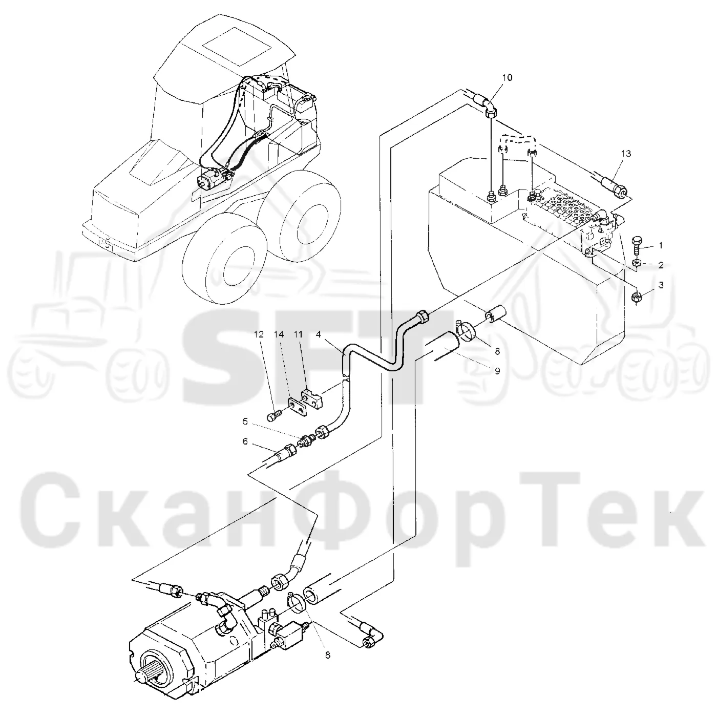 Схема: Valmet / Форвардер / Valmet 840.1 / Valmet 840.1 / Каталог запасных частей / Гидравлика / Гидравлические насосы / Подвод шланга
