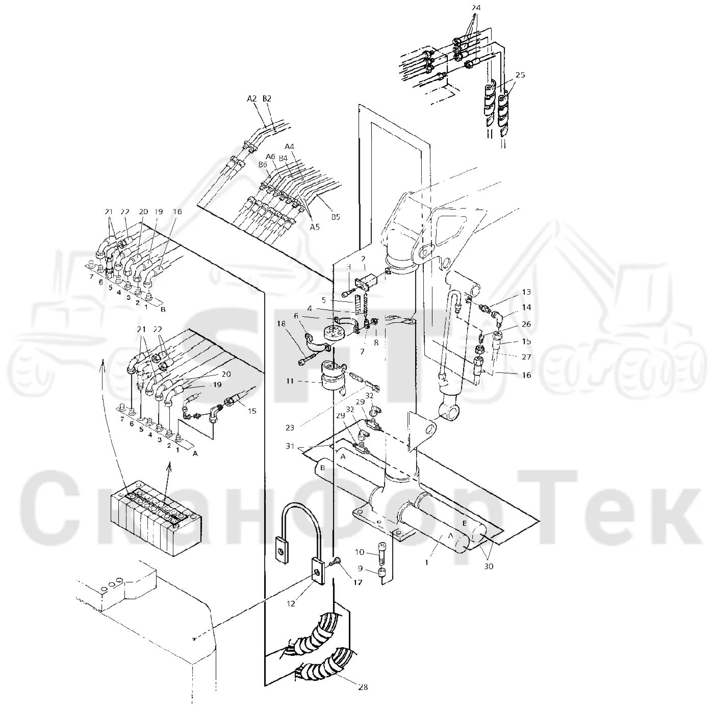 Схема: Valmet / Форвардер / Valmet 840.1 / Valmet 840.1 / Каталог запасных частей / Подъемный кран / Подвод шланга / Подвод шланга