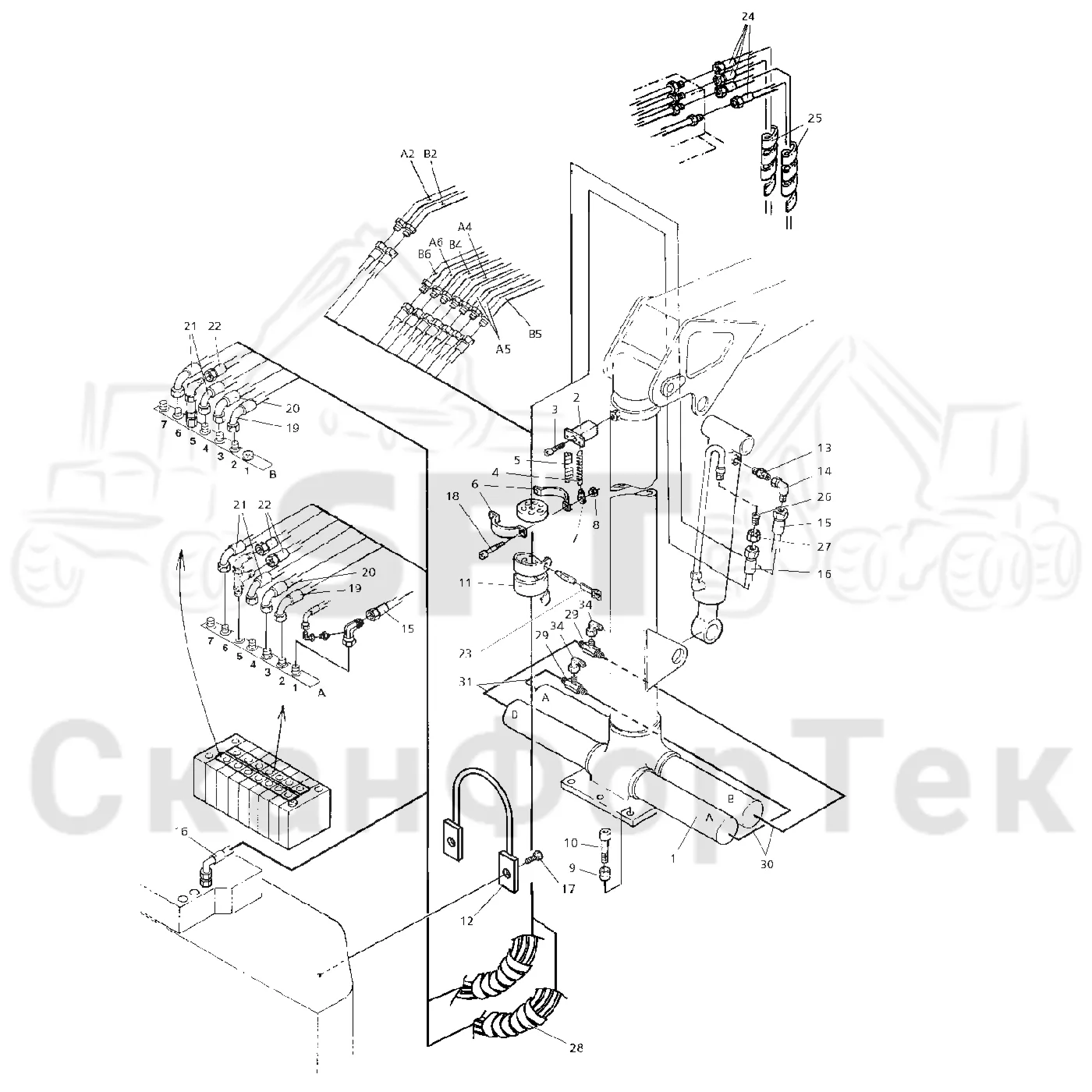 Схема: Valmet / Форвардер / Valmet 840.1 / Valmet 840.1 / Каталог запасных частей / Подъемный кран / Подвод шланга / Подвод шланга