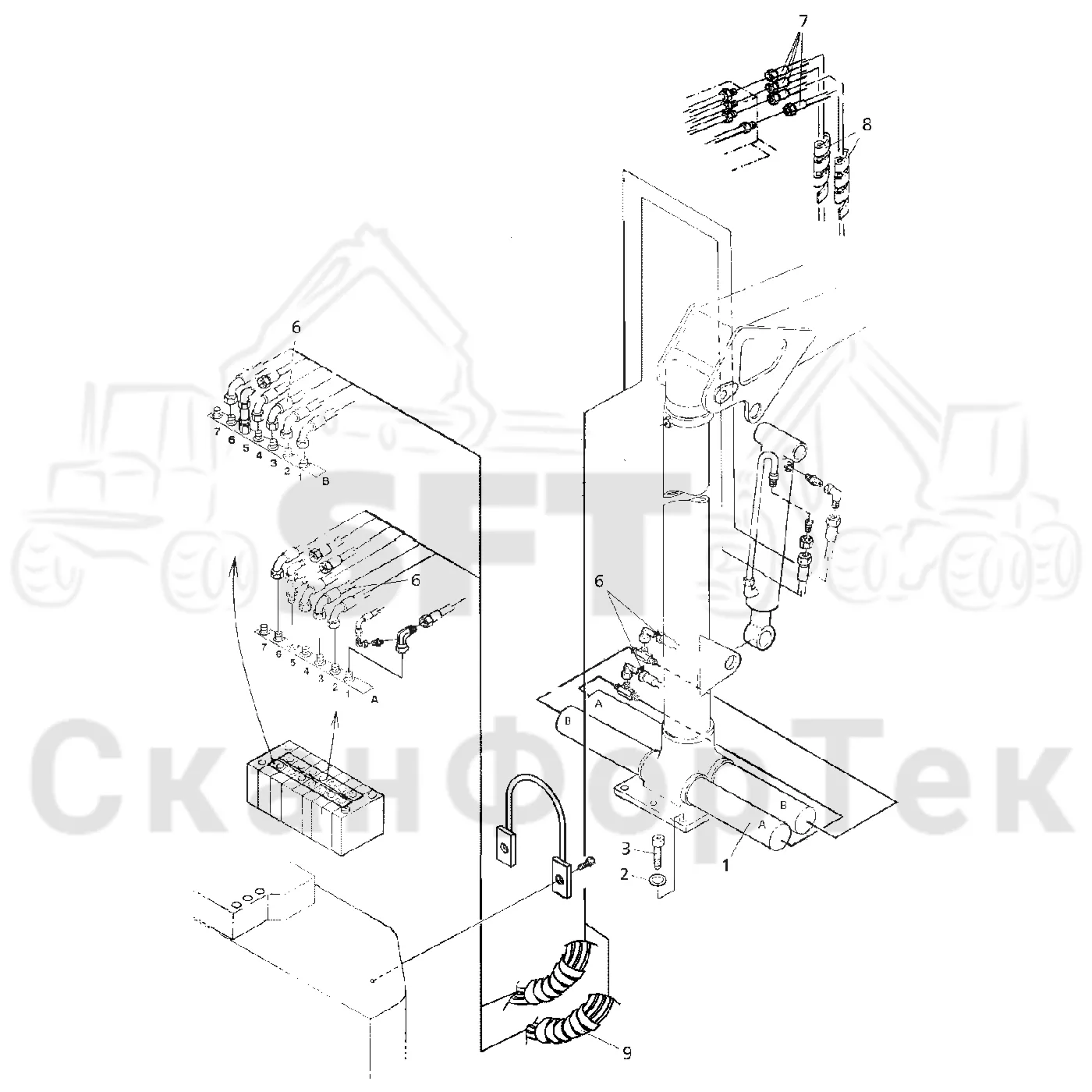 Схема: Valmet / Форвардер / Valmet 840.2 / Valmet 840.2  Ch. -211120 / Valmet 840.2  Ch. -211120 / Каталог запасных частей / Подъемный кран / Подвод шланга / Подвод шланга к подъемному крану CRF 6