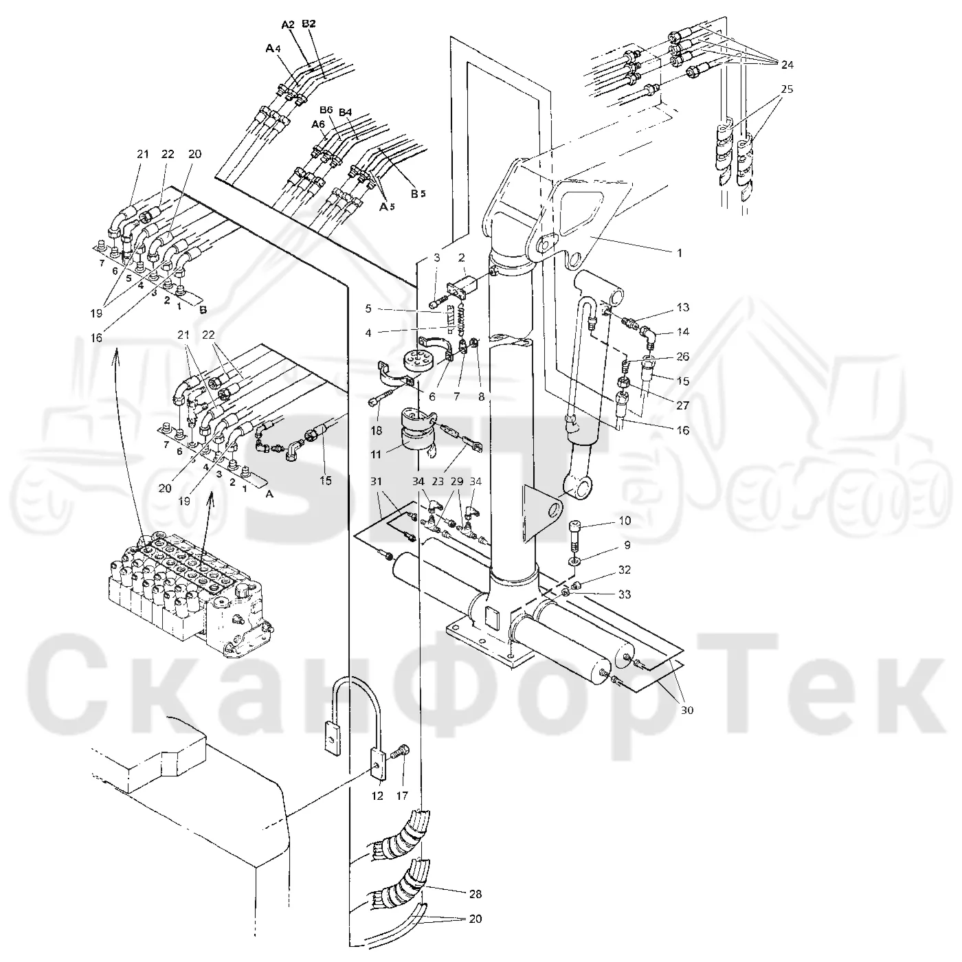 Схема: Valmet / Форвардер / Valmet 840.1 / Valmet 840.1 / Каталог запасных частей / Подъемный кран / Подвод шланга / Подвод шланга к подъемному крану CRF 7