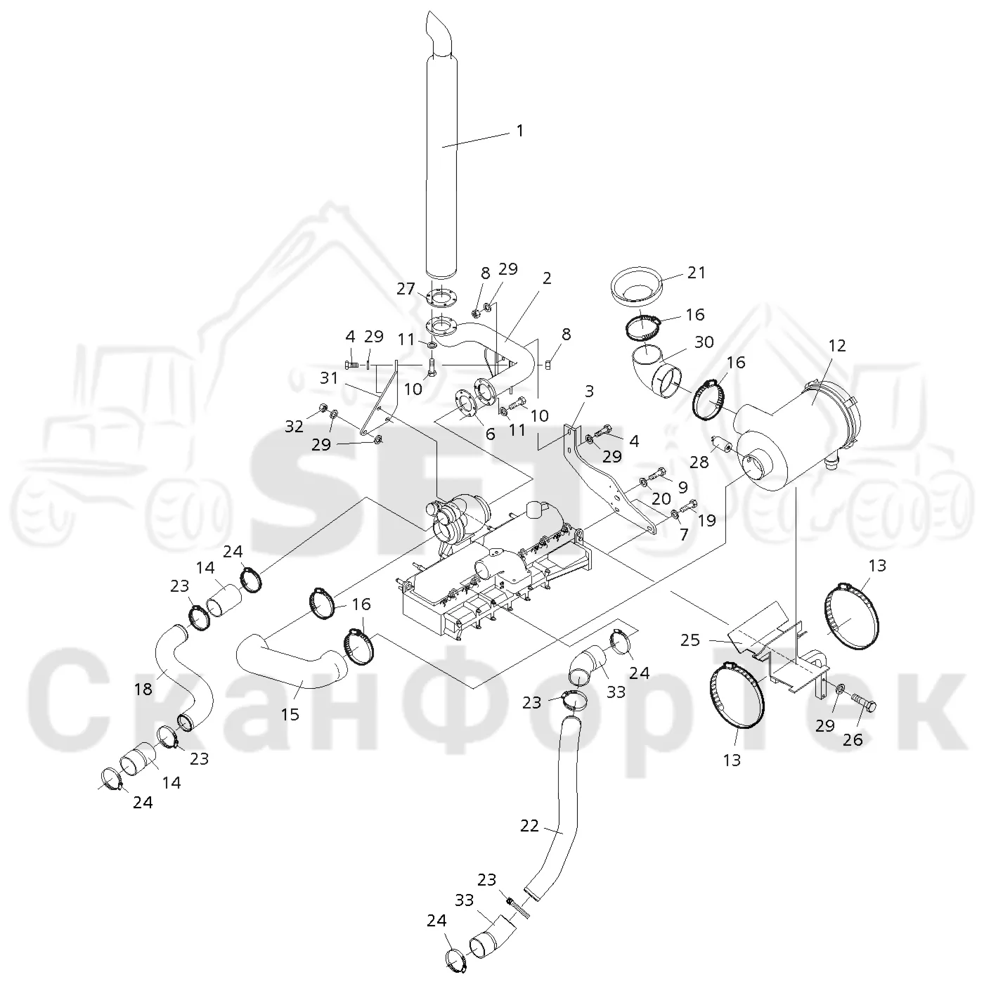 Схема: Valmet / Форвардер / Valmet 840.4 / Valmet 840.4 / Каталог запасных частей / Двигатель / Впуск - выпуск / Система впуска и выхлопа