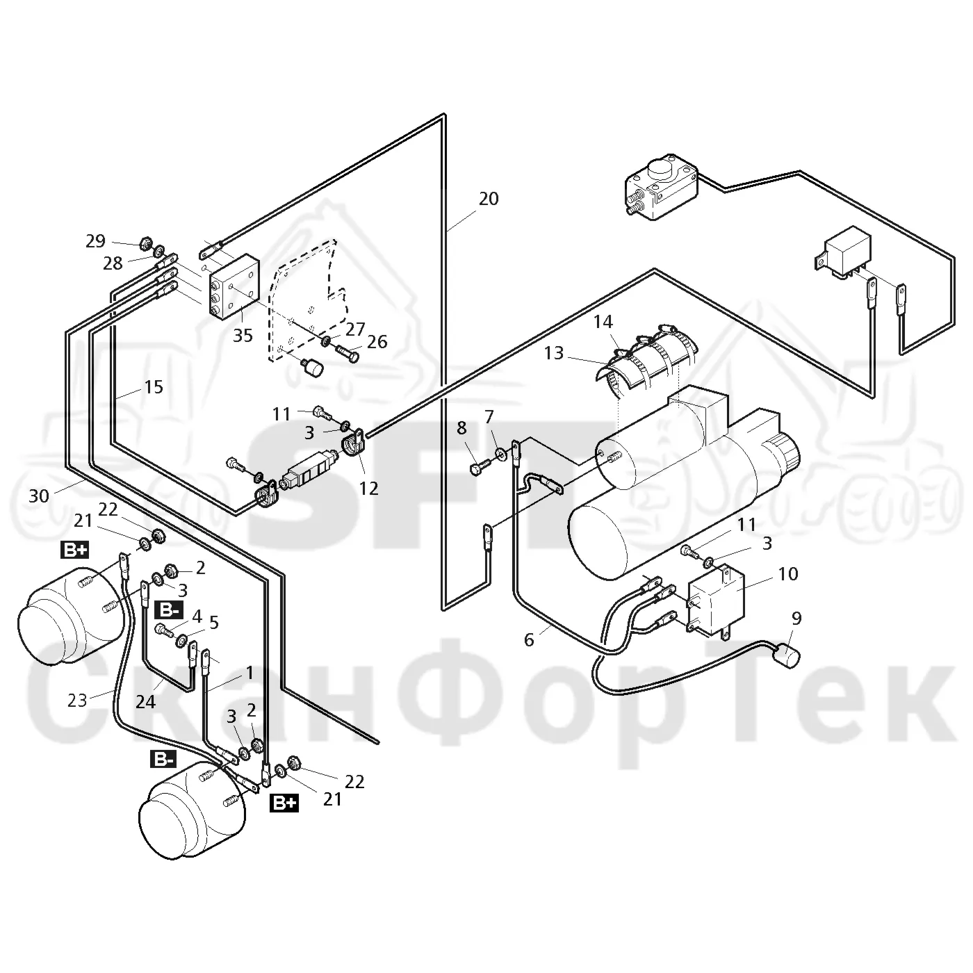 Схема: Valmet / Форвардер / Valmet 840.3 / Valmet 840.3  Ch. 311174- / Valmet 840.3  Ch. 311174- / Каталог запасных частей / Двигатель / Двигатель 311174- / Генератор переменного тока / Комплект электрооборудования генератора