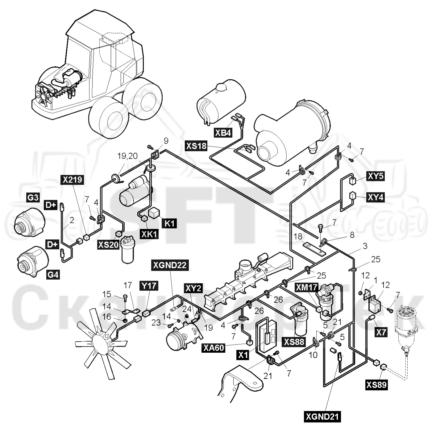 Схема: Valmet / Форвардер / Valmet 840.4 / Valmet 840.4 / Каталог запасных частей / Двигатель / Электрический / Комплект кабелей двигателя