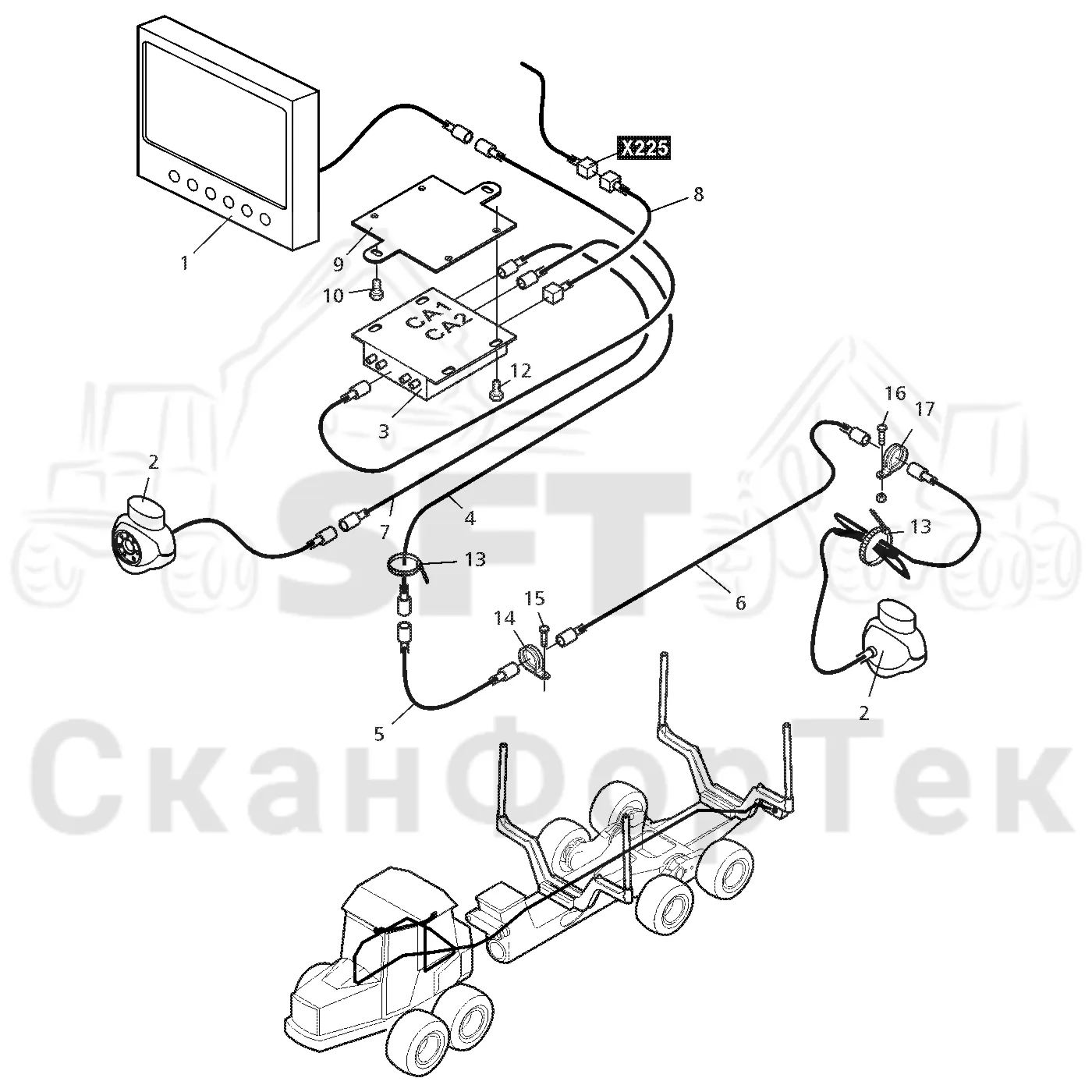 Схема: Valmet / Форвардер / Valmet 840.4 / Valmet 840.4 / Каталог запасных частей / Кабина / камера заднего вида / Электрооборудование камера заднего вида