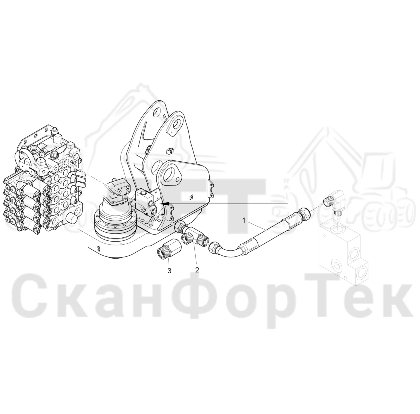 Схема: Komatsu / Лесозаготовительные машины / 911.5 / Каталог запасных частей / Гидравлика / Клапан подъемного крана / Дренаж