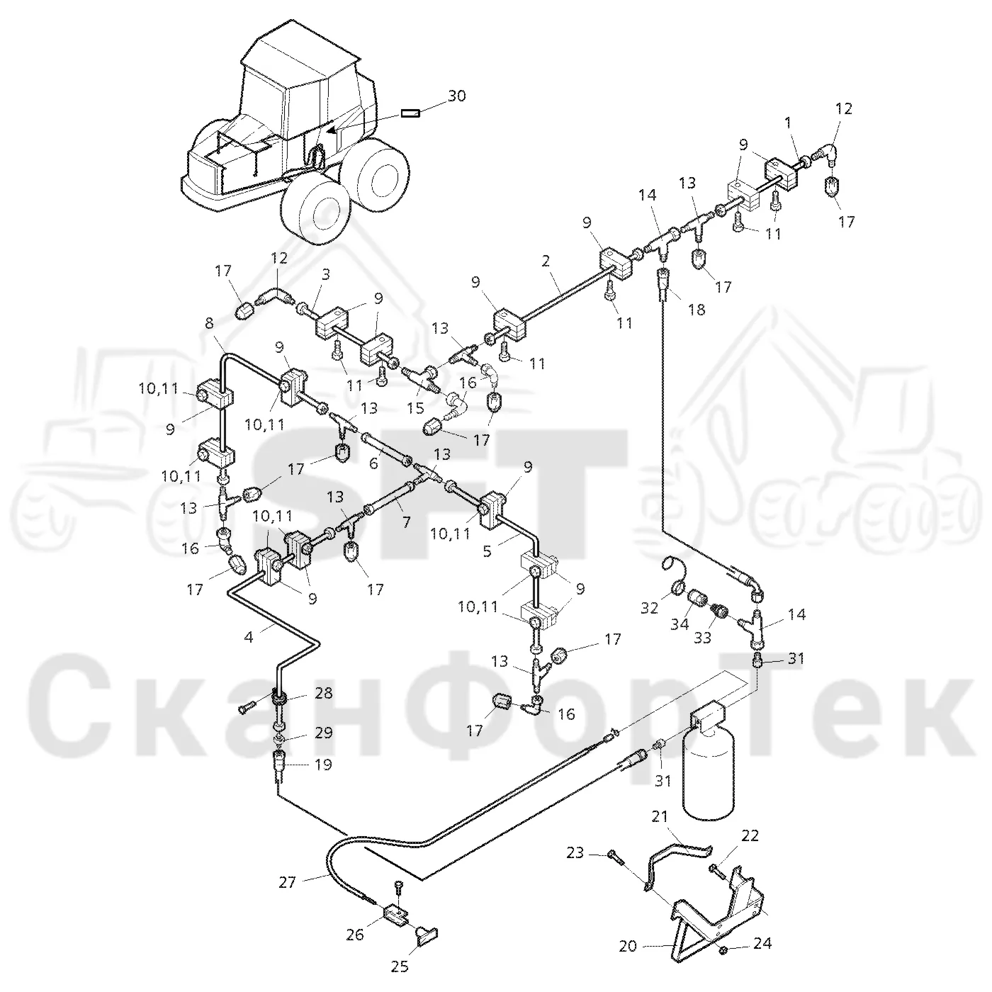 Схема: Valmet / Форвардер / Valmet 840.3 / Valmet 840.3 Ch. 311174- / Valmet 840.3 Ch. 311174- / Каталог запасных частей / шасси / Пожаротушение / Трубопровод пожаротушения