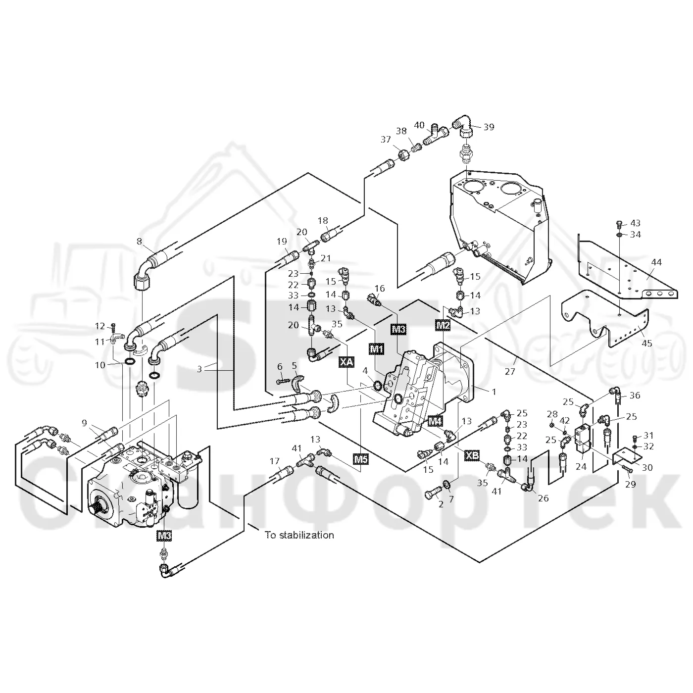 Схема: Valmet / Форвардер / Valmet 840.3 / Valmet 840.3 Ch. -311173 / Valmet 840.3 Ch. -311173 / Каталог запасных частей / Коробка передач / Оборудование гидростатики / Подвод гидростатического шланга