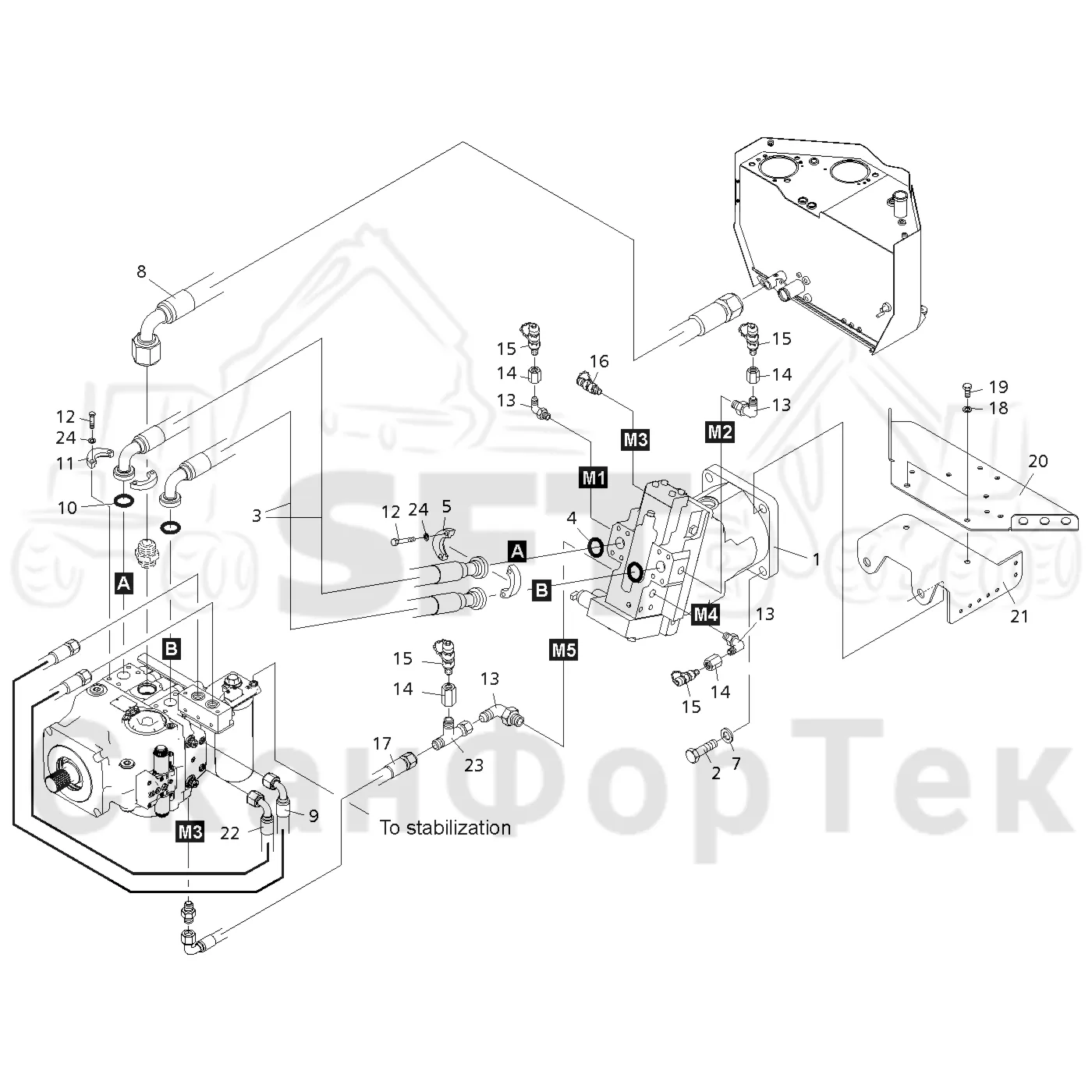 Схема: Valmet / Форвардер / Valmet 860.3 / Valmet 860.3 / Каталог запасных частей / Коробка передач / Оборудование гидростатики / Подвод гидростатического шланга  311243-