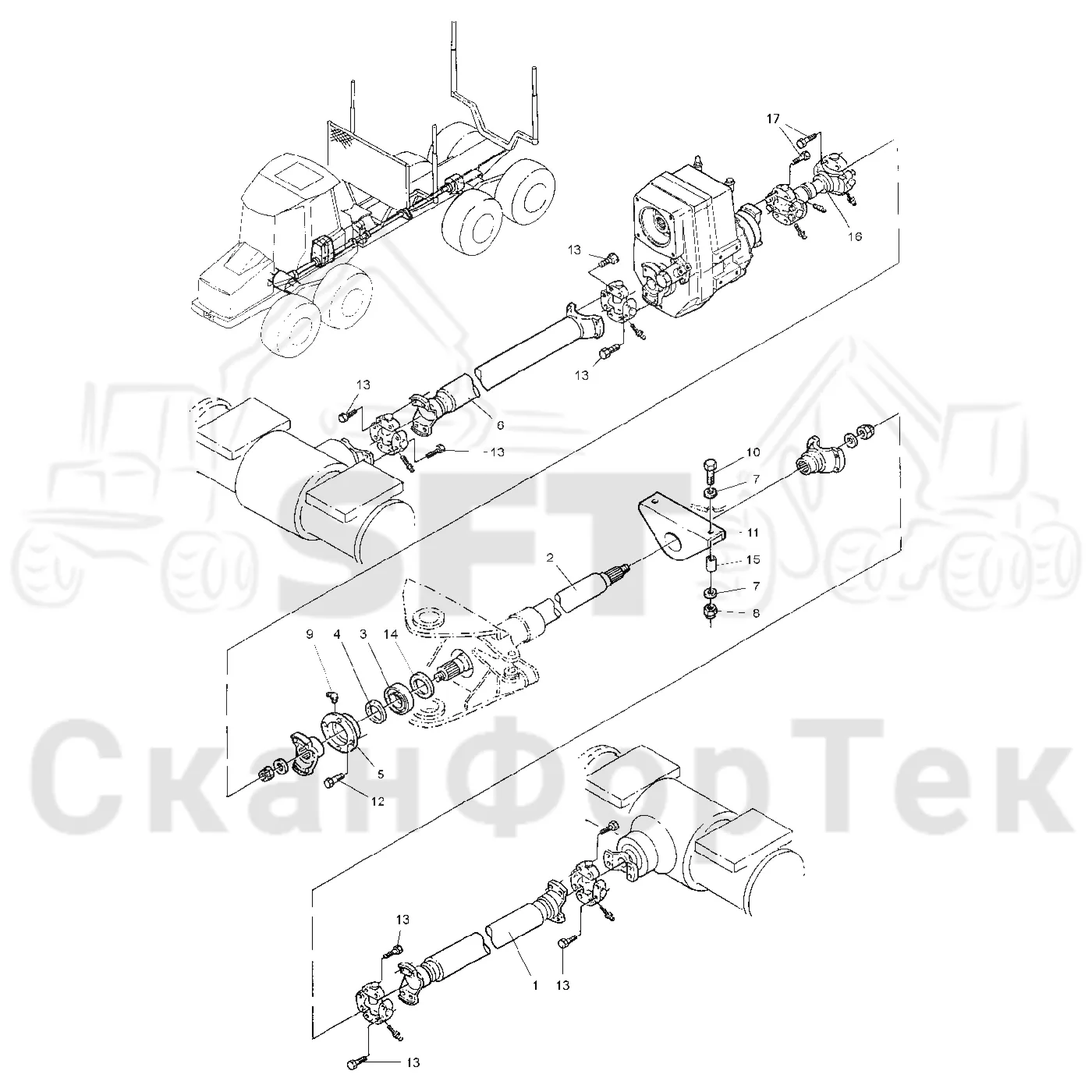 Схема: Valmet / Форвардер / Valmet 840.2 / Valmet 840.2 Ch. 211121- / Valmet 840.2 Ch. 211121- / Каталог запасных частей / Коробка передач / Карданная передача / Карданная передача