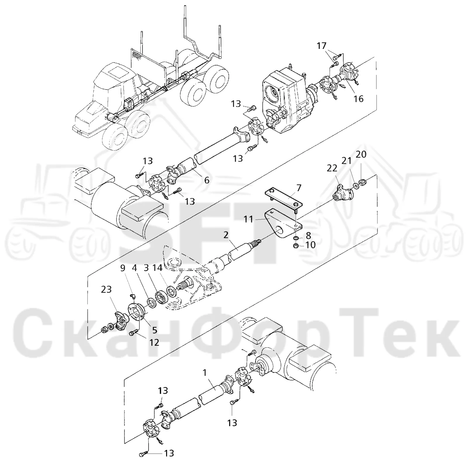 Схема: Valmet / Форвардер / Valmet 840.3 / Valmet 840.3 Ch. -311173 / Valmet 840.3 Ch. -311173 / Каталог запасных частей / Коробка передач / Карданная передача / Карданная передача 311083-