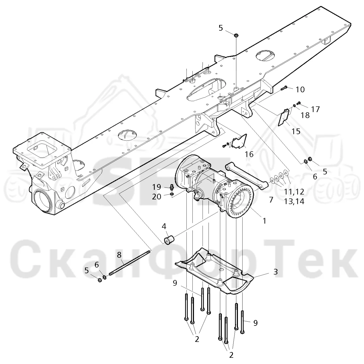 Схема: Valmet / Форвардер / Valmet 860.3 / Valmet 860.3 / Каталог запасных частей / Коробка передач / Мост каретки / Задний агрегат каретки 311175-
