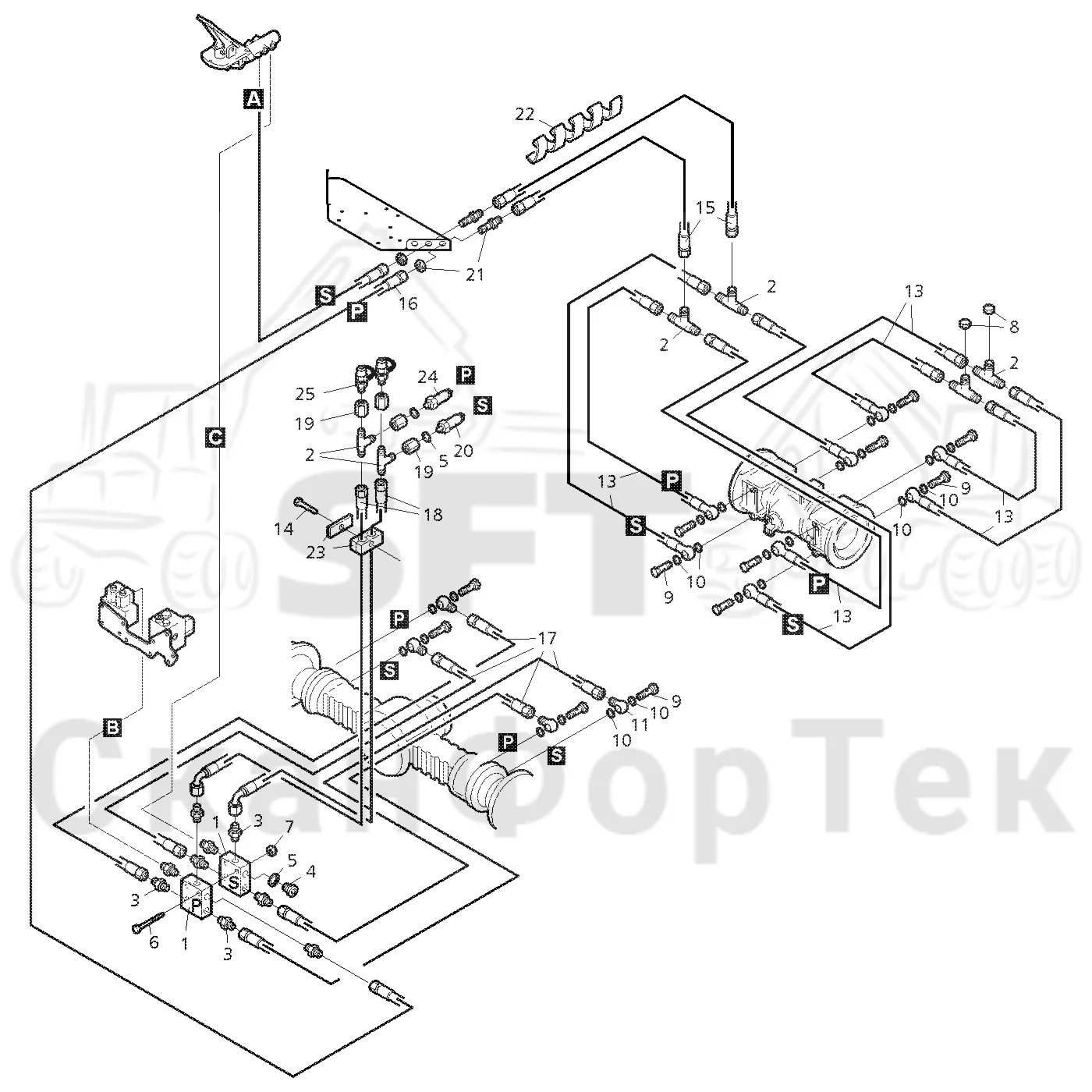 Схема: Valmet / Форвардер / Valmet 840.3 / Valmet 840.3 Ch. 311174- / Valmet 840.3 Ch. 311174- / Каталог запасных частей / Тормоза / Тормоза на 6 колес / Тормозная система