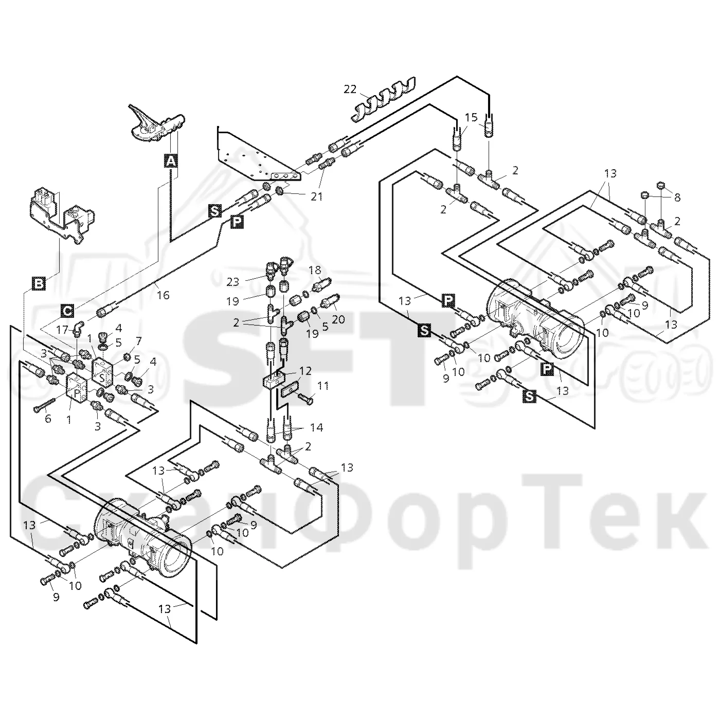 Схема: Valmet / Форвардер / Valmet 840.3 / Valmet 840.3  Ch. -311173 / Valmet 840.3  Ch. -311173 / Каталог запасных частей / Тормоза / Тормоза на 8 колес / Тормозная система