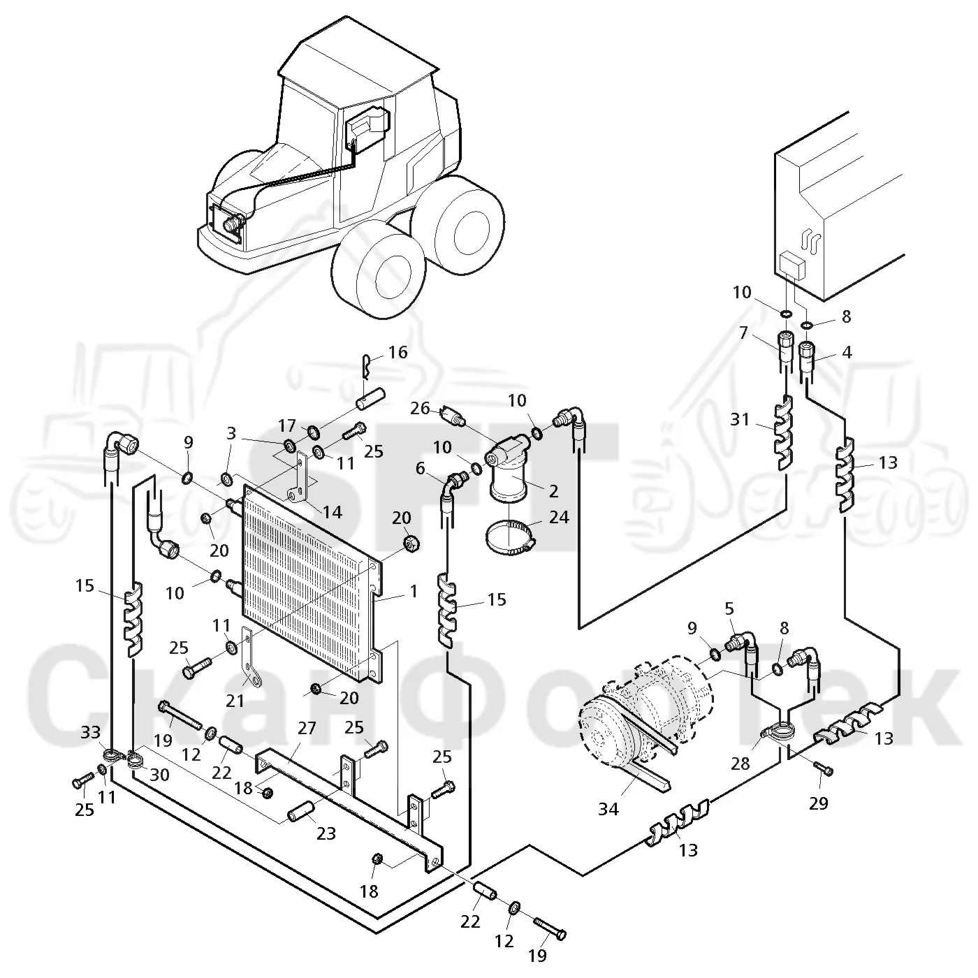 Схема: Valmet / Форвардер / Valmet 840.3 / Valmet 840.3  Ch. 311174- / Valmet 840.3  Ch. 311174- / Каталог запасных частей / Кабина / Система обогрева и охлаждения / Агрегат кондиционирования воздуха  -312100