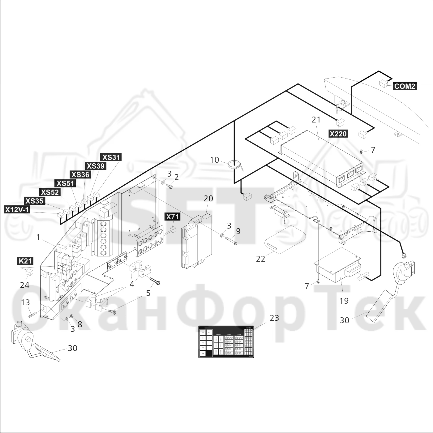 Схема: Valmet / Форвардер / Valmet 840.3 / Valmet 840.3 Ch. 311174- / Valmet 840.3 Ch. 311174- / Каталог запасных частей / Кабина / Электрический / Комплект электрооборудования кабины 312221-