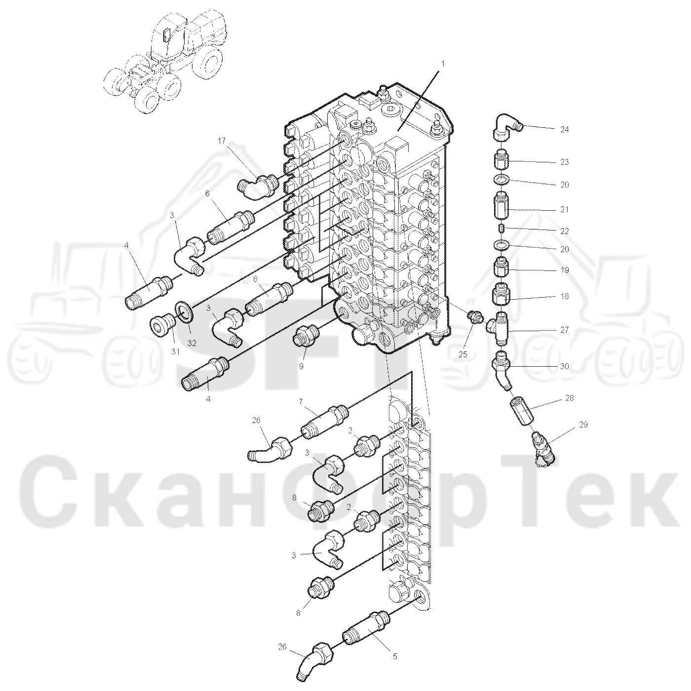 Схема: Valmet / Лесозаготовительные машины / Valmet 921 / Valmet 921 Ch -13270 / Valmet 921 Ch -13270 / Каталог запасных частей / Гидравлика / Клапан параллельных подъемных кранов / CRH 16 crane 300 head series / Гидравлический клапан