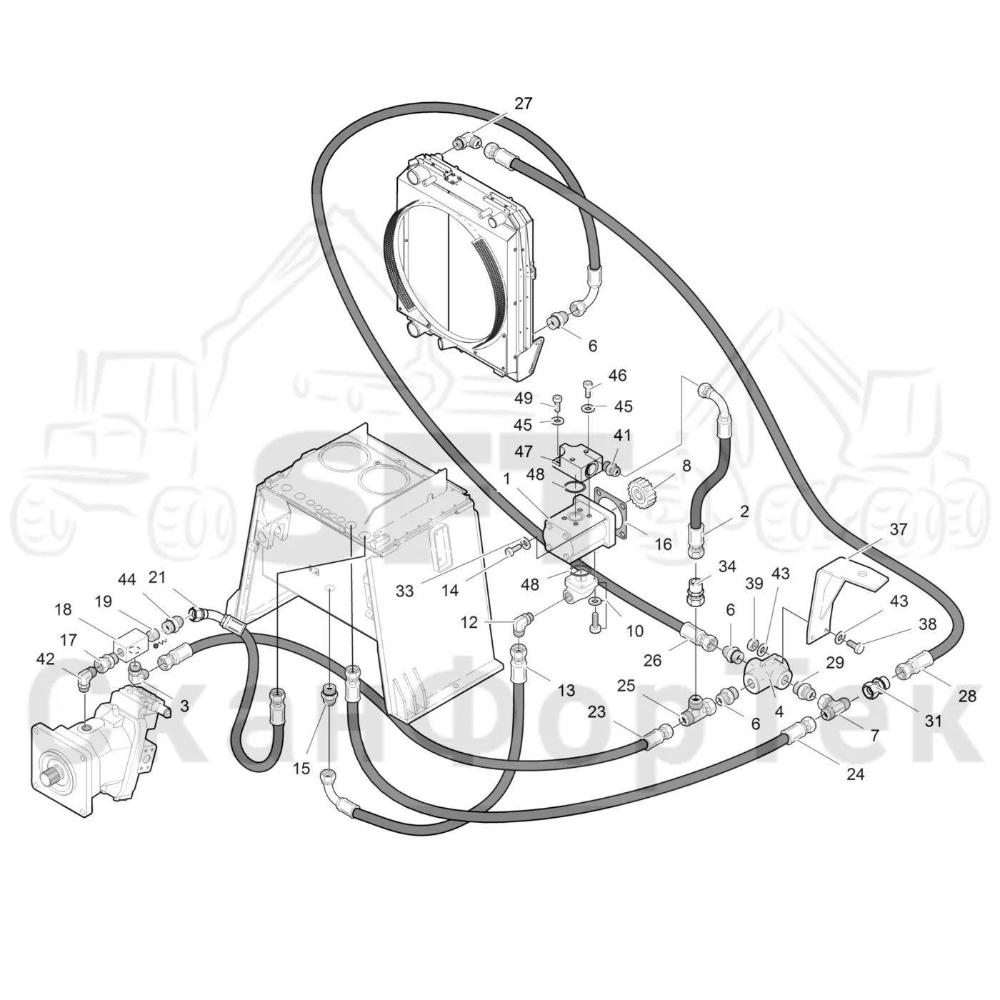 Схема: Komatsu / Лесозаготовительные машины / 911.5 / Каталог запасных частей / Гидравлика / Система охлаждения масла / Охлаждение смазочного масла для гидравлических систем