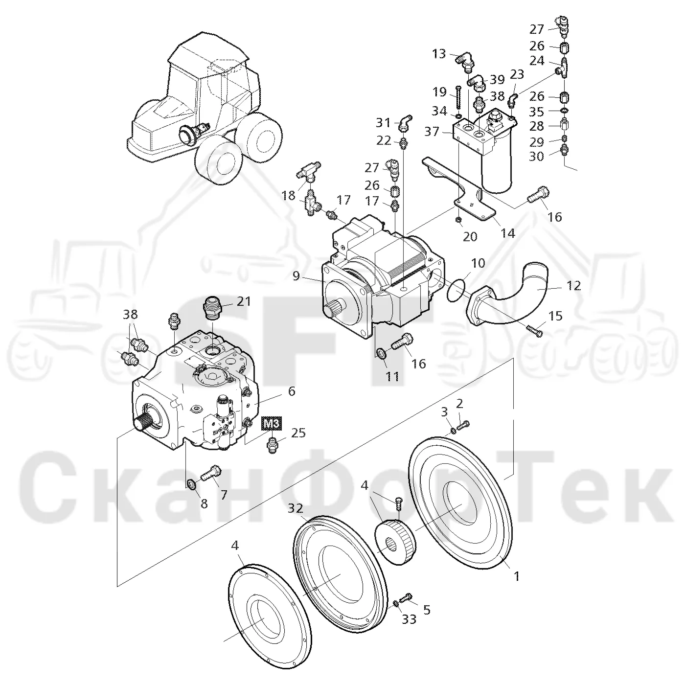 Схема: Valmet / Форвардер / Valmet 840.3 / Valmet 840.3 Ch. -311173 / Valmet 840.3 Ch. -311173 / Каталог запасных частей / Гидравлика / Гидравлические насосы / Насосная установка