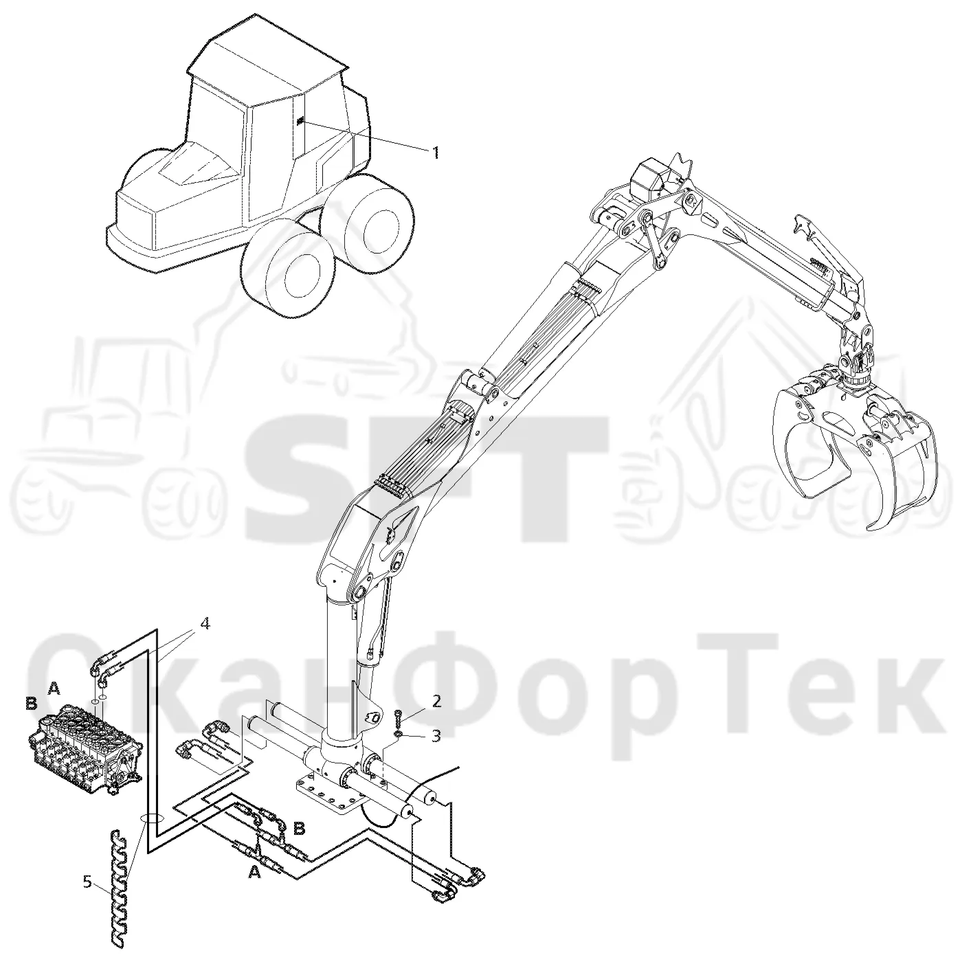 Схема: Valmet / Форвардер / Valmet 860.3 / Valmet 860.3 / Каталог запасных частей / Подъемный кран / Подвод шланга / Подвод шланга к подъемному крану CRF 10
