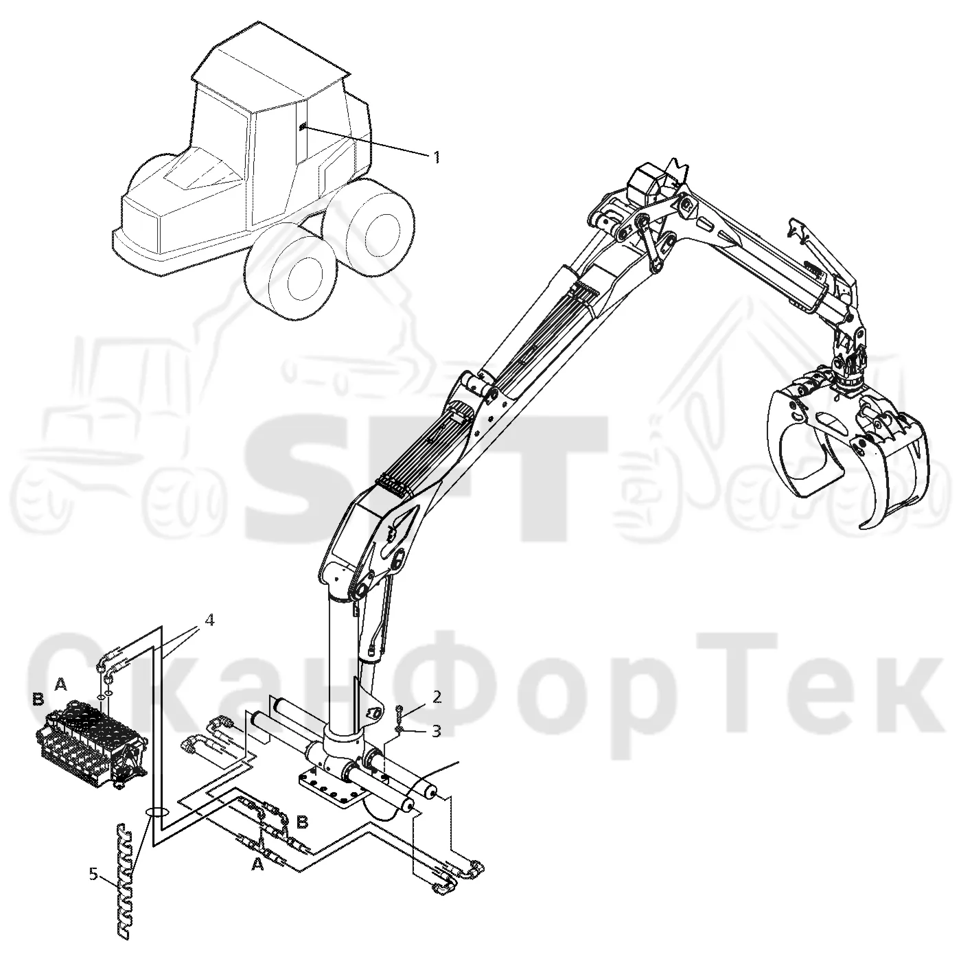 Схема: Valmet / Форвардер / Valmet 860.3 / Valmet 860.3 / Каталог запасных частей / Подъемный кран / Подвод шланга / Подвод шланга к подъемному крану CRF 10 combi
