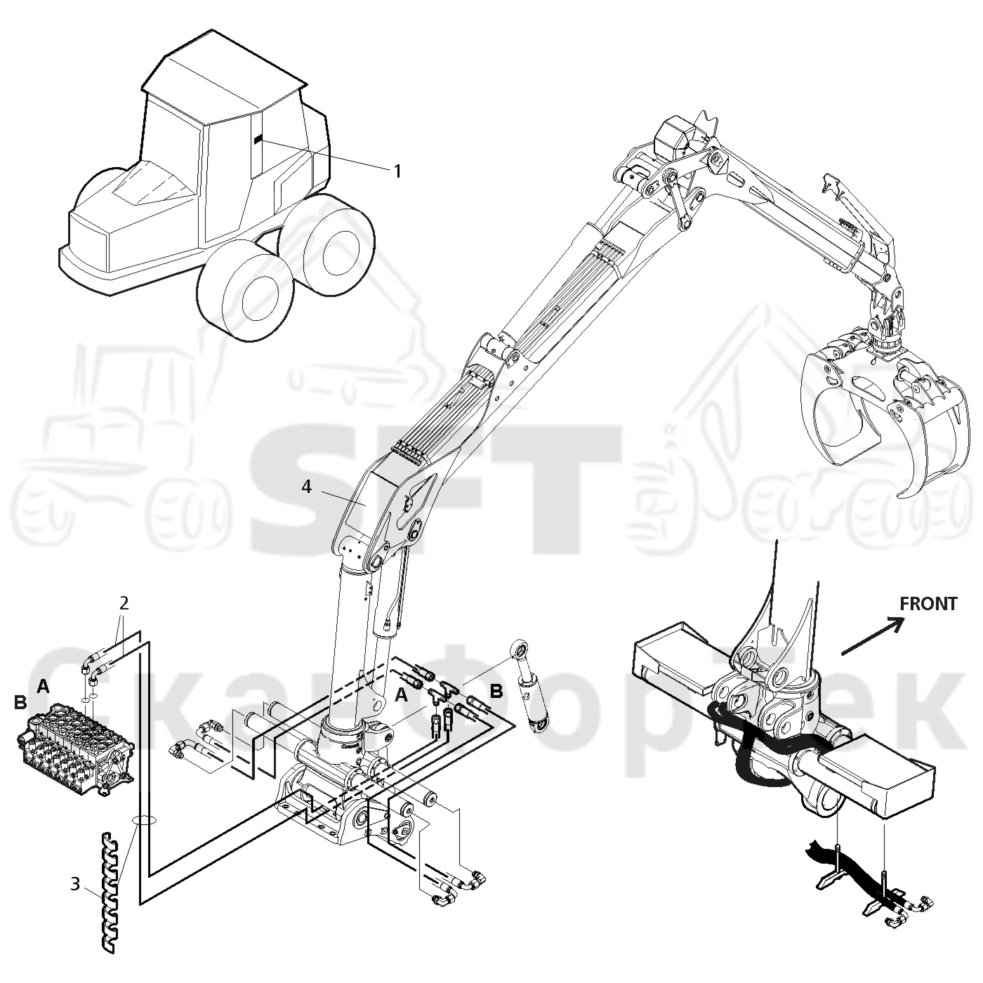 Схема: Valmet / Форвардер / Valmet 860.4 / Valmet 860.4 / Каталог запасных частей / Подъемный кран / Подвод шланга / Подвод шланга CRF 11 combi 10 m Protec