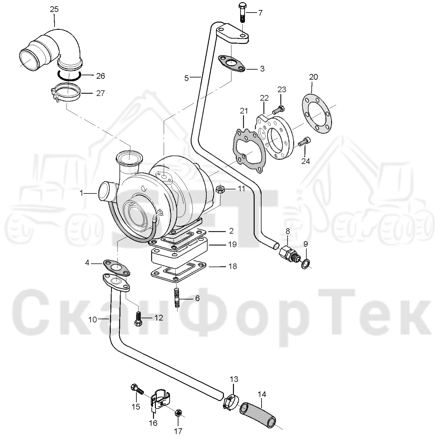 Схема: Valmet / Форвардер / Valmet 890.2 / Valmet 890.2 / Каталог запасных частей / Двигатель / Впуск - выпуск / Трубопроводы к турбоагрегату