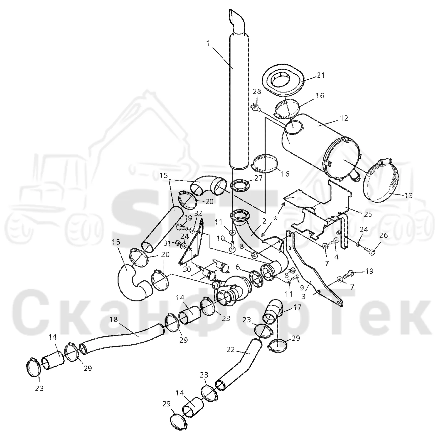 Схема: Valmet / Форвардер / Valmet 890.2 / Valmet 890.2 / Каталог запасных частей / Двигатель / Впуск - выпуск / Система впуска и выхлопа