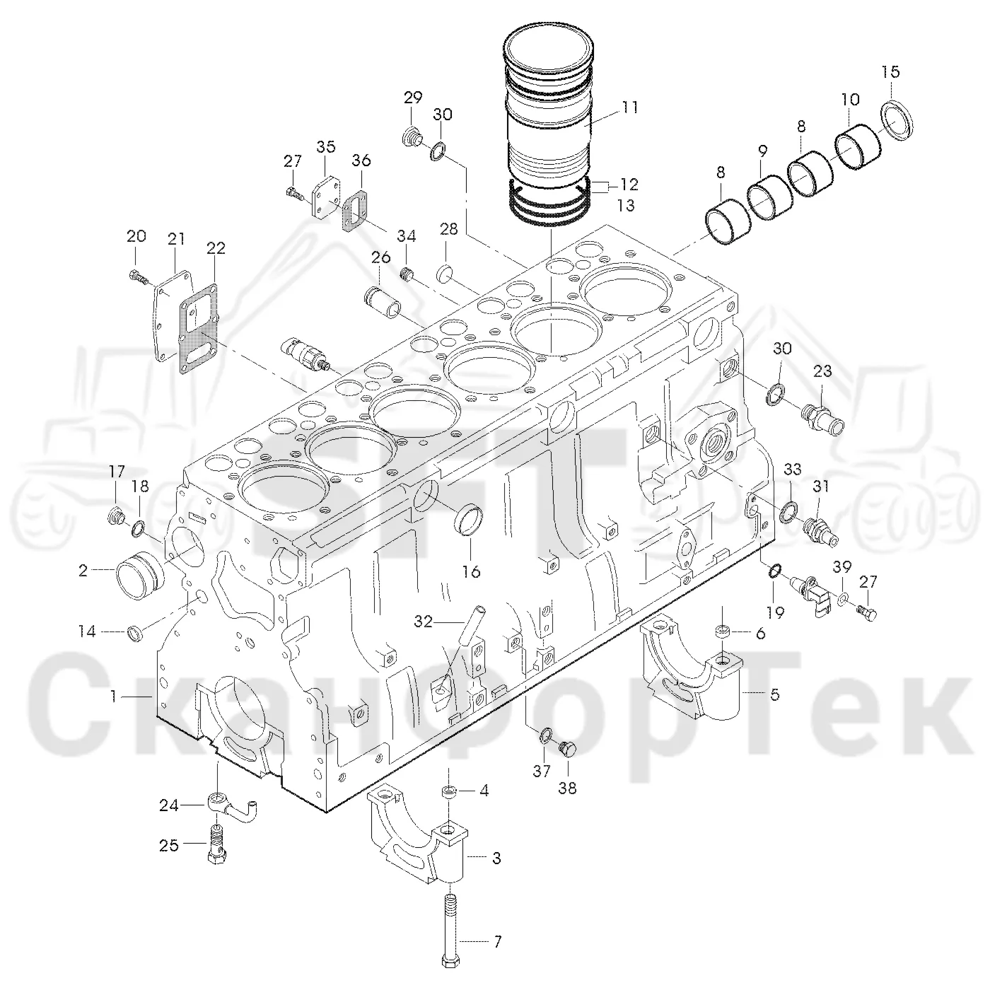 Схема: Valmet / Лесозаготовительные машины / Valmet 911.3 / Valmet 911.3 Ch - 311370 / Valmet 911.3 Ch - 311370 / Каталог запасных частей / Двигатель / Двигатель -311755 / Блок двигателя / Блок цилиндров