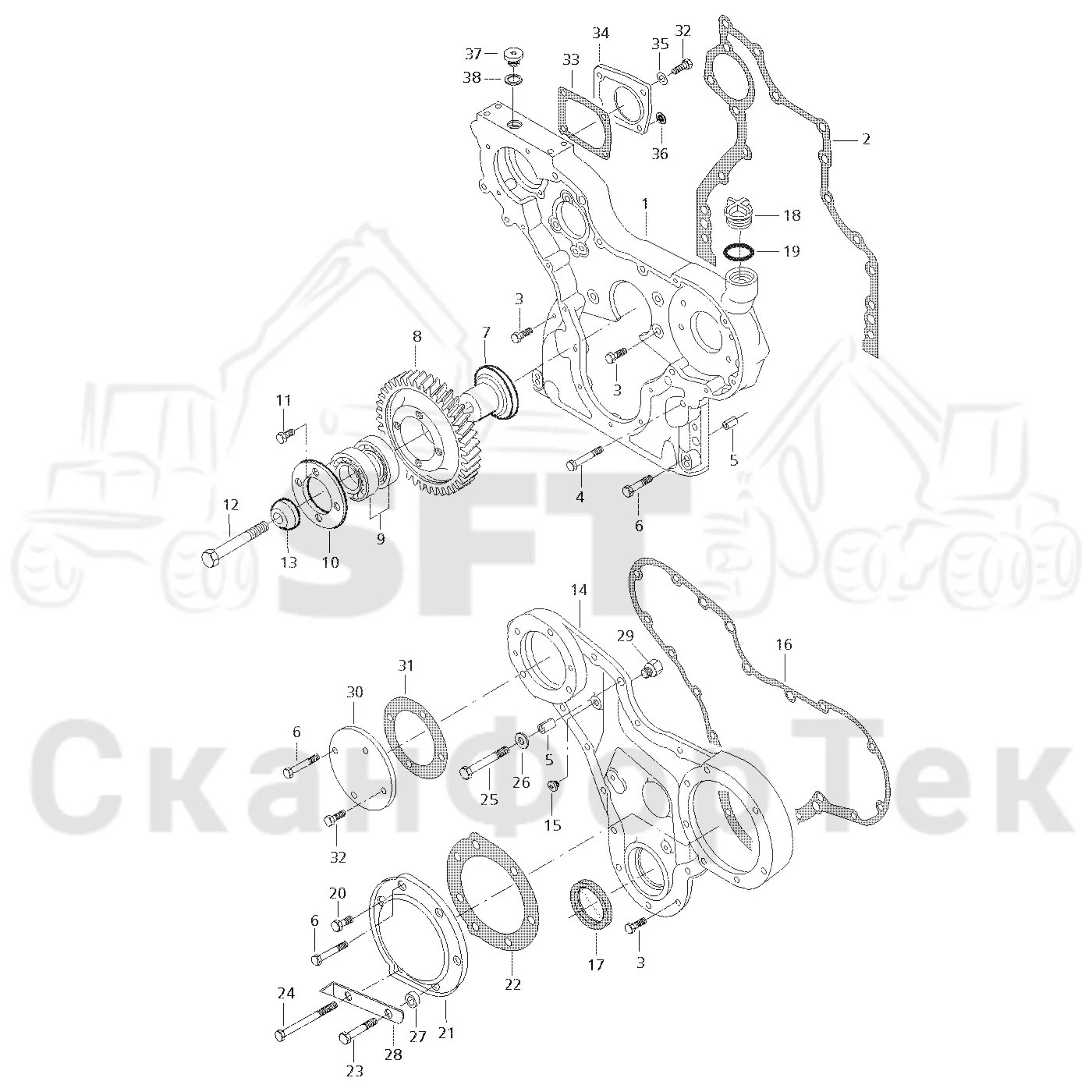 Схема: Valmet / Лесозаготовительные машины / Valmet 911.3 / Valmet 911.3 Ch - 311370 / Valmet 911.3 Ch - 311370 / Каталог запасных частей / Двигатель / Двигатель -311755 / Блок двигателя / Корпус редуктора