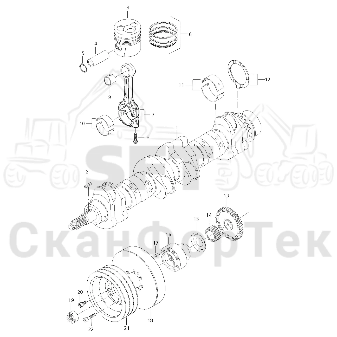 Схема: Valmet / Лесозаготовительные машины / Valmet 911.3 / Valmet 911.3 Ch - 311370 / Valmet 911.3 Ch - 311370 / Каталог запасных частей / Двигатель / Двигатель -311755 / Блок двигателя / Коленвал