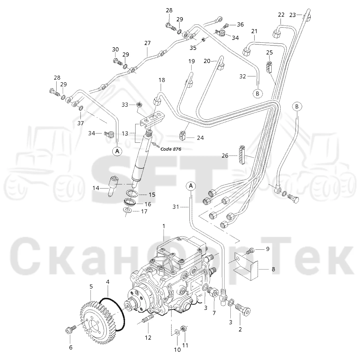 Схема: Valmet / Форвардер / Valmet 890.2 / Valmet 890.2 / Каталог запасных частей / Двигатель / Топливная система / Инжекторный насос