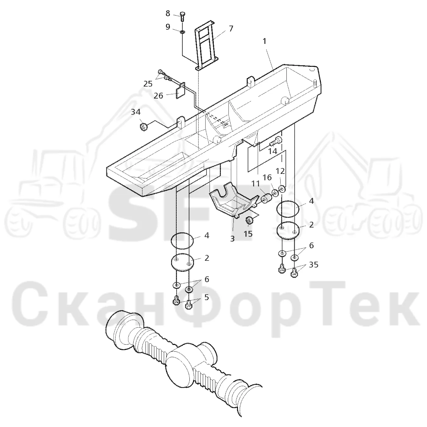 Схема: Valmet / Форвардер / Valmet 890.1 / Valmet 890.1  Ch. -117350, -119440 / Valmet 890.1  Ch. -117350, -11 / Каталог запасных частей / шасси / Рамы / Рама, передняя на 6 колес