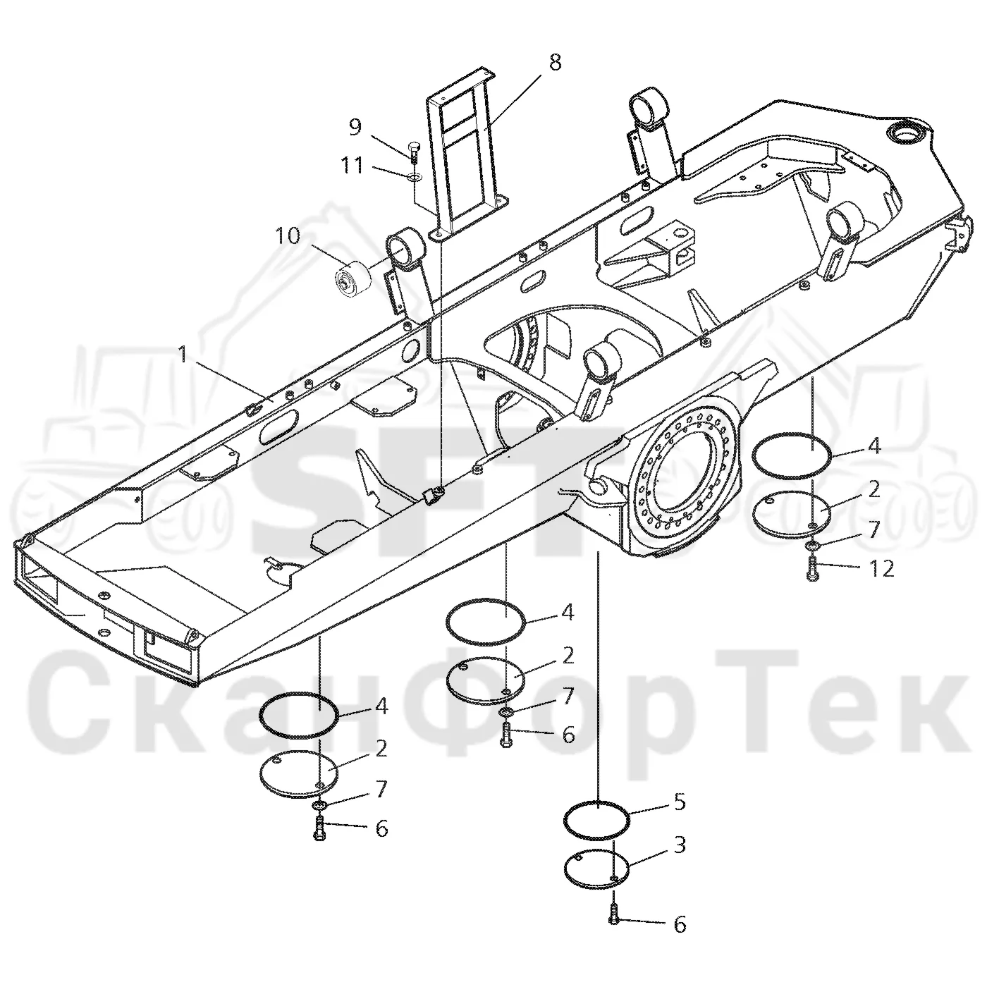 Схема: Valmet / Форвардер / Valmet 890.1 / Valmet 890.1  Ch. 117351-, 119441- / Valmet 890.1  Ch. 117351-, 119 / Каталог запасных частей / шасси / Рамы / Рама, передняя на 8 колес