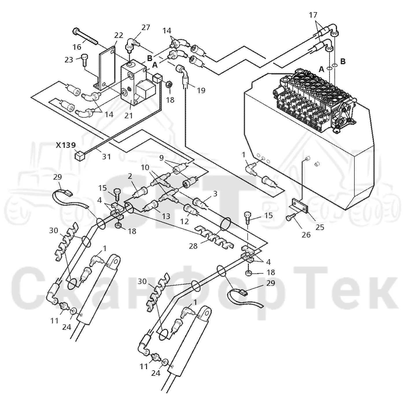 Схема: Valmet / Форвардер / Valmet 890.2 / Valmet 890.2 / Каталог запасных частей / шасси / Строгальное лезвие / Гидравлическое оборудование строгального лезвия