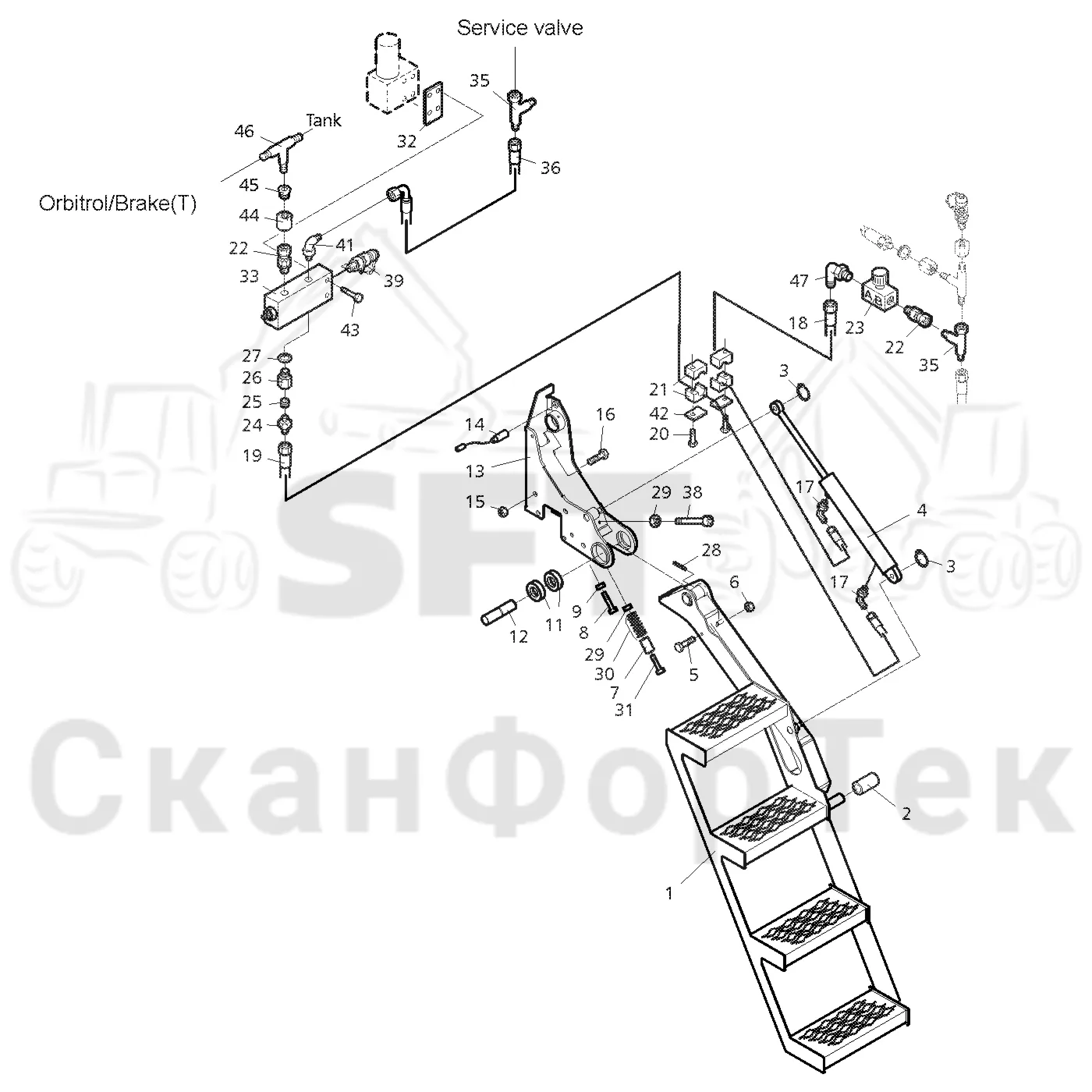 Схема: Valmet / Форвардер / Valmet 890.2 / Valmet 890.2 / Каталог запасных частей / шасси / Ступени, лестницы и платформы / Гидравлическая лестница