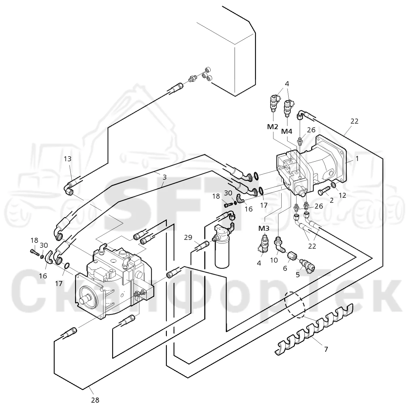 Схема: Valmet / Форвардер / Valmet 890.2 / Valmet 890.2 / Каталог запасных частей / Коробка передач / Оборудование гидростатики / Подвод гидростатического шланга