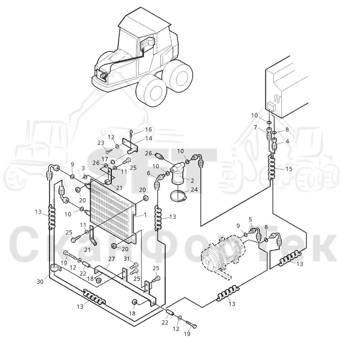 Схема: Valmet / Форвардер / Valmet 890.2 / Valmet 890.2 / Каталог запасных частей / Кабина / Система обогрева и охлаждения / Агрегат кондиционирования воздуха