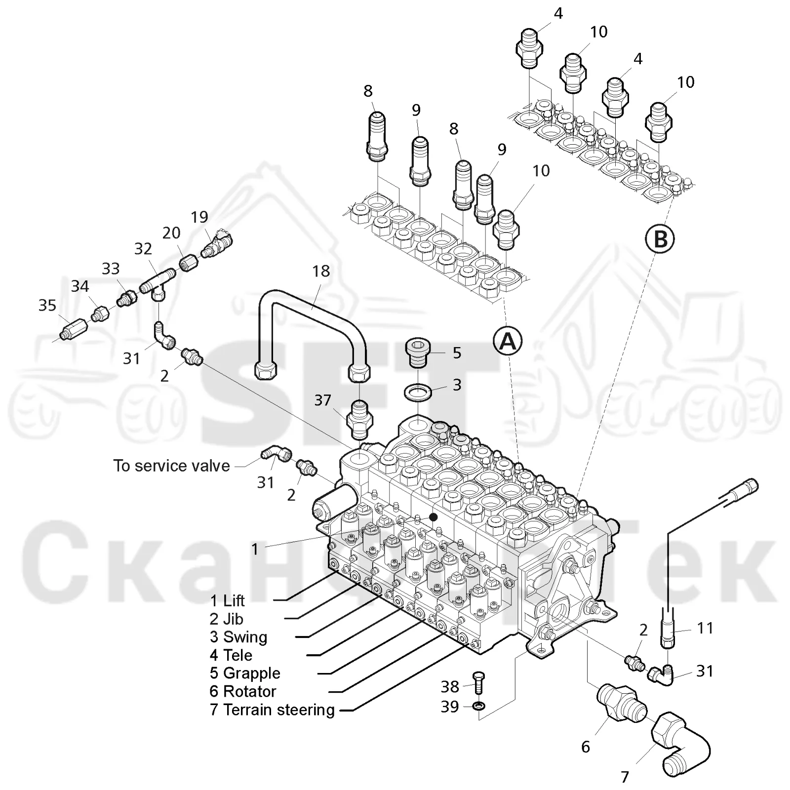 Схема: Valmet / Форвардер / Valmet 890.2 / Valmet 890.2 / Каталог запасных частей / Гидравлика / Узел клапана / Valve assembly CRF 14  -210947