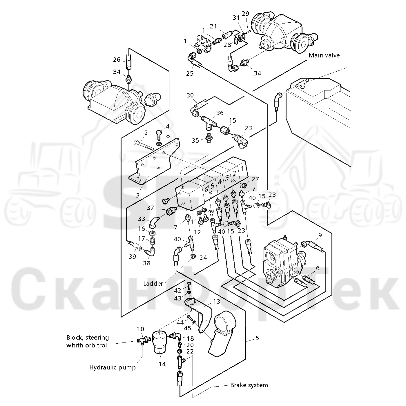 Схема: Valmet / Форвардер / Valmet 890.2 / Valmet 890.2 / Каталог запасных частей / Гидравлика / Клапан обслуживания / Клапан обслуживания на 8 колес