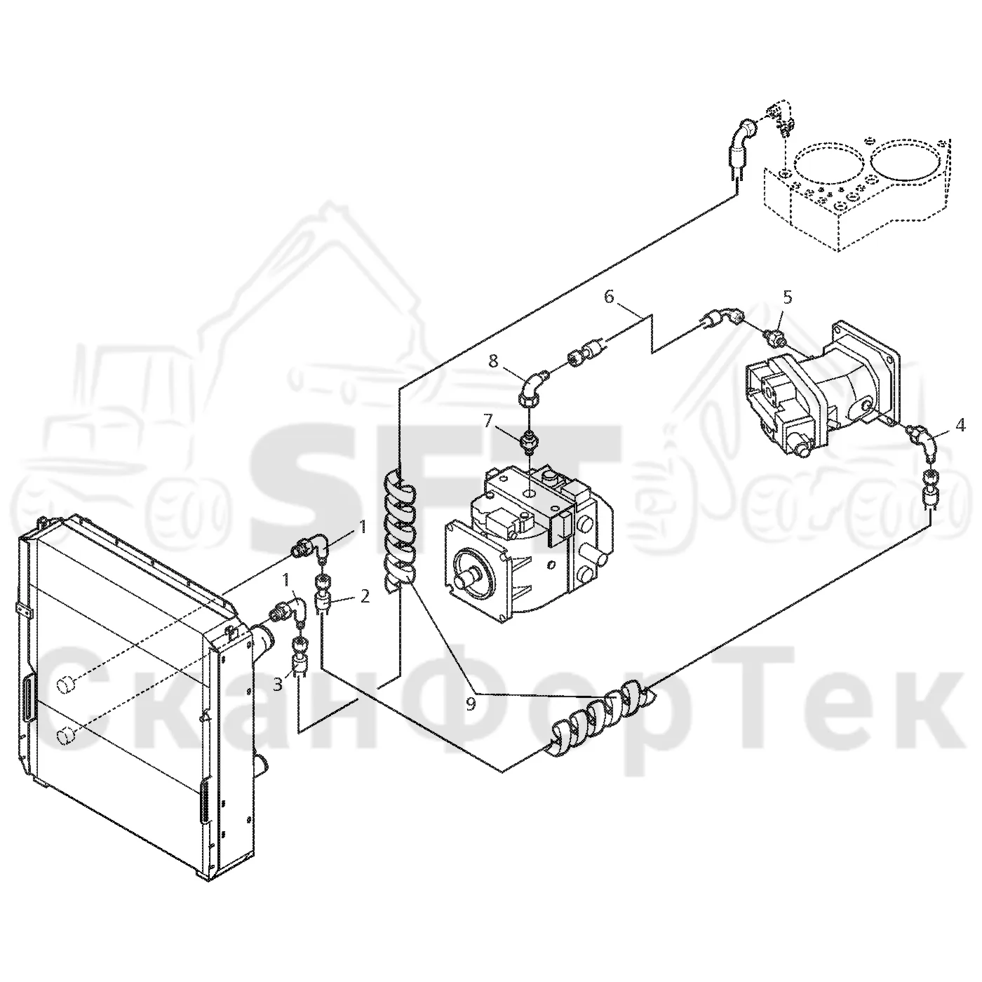 Схема: Valmet / Форвардер / Valmet 890.1 / Valmet 890.1  Ch. 117351-, 119441- / Valmet 890.1  Ch. 117351-, 119 / Каталог запасных частей / Гидравлика / Система охлаждения масла / Охлаждение смазочного масла для гидравлических систем