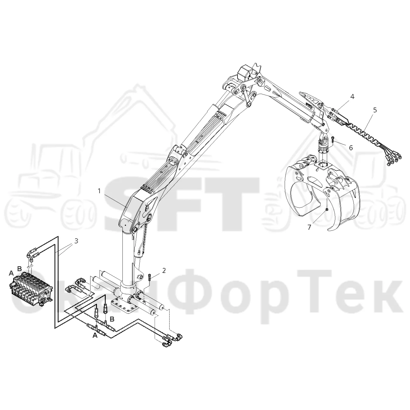 Схема: Valmet / Форвардер / Valmet 890.2 / Valmet 890.2 / Каталог запасных частей / Подъемный кран / Подвод шланга / Подвод шланга к подъемному крану CRF 14