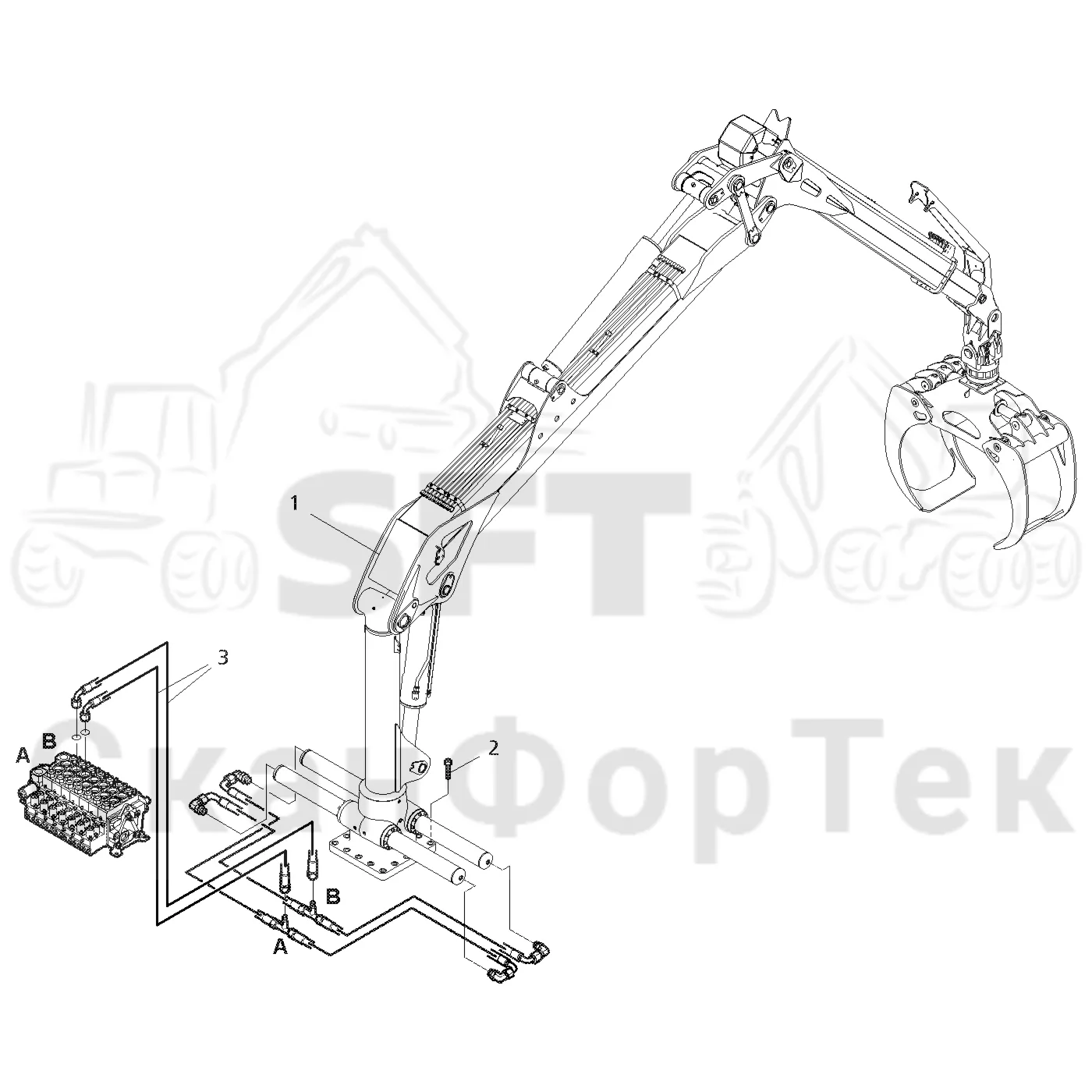 Схема: Valmet / Форвардер / Valmet 890.2 / Valmet 890.2 / Каталог запасных частей / Подъемный кран / Подвод шланга / Подвод шланга к подъемному крану CRF 14 ProTec
