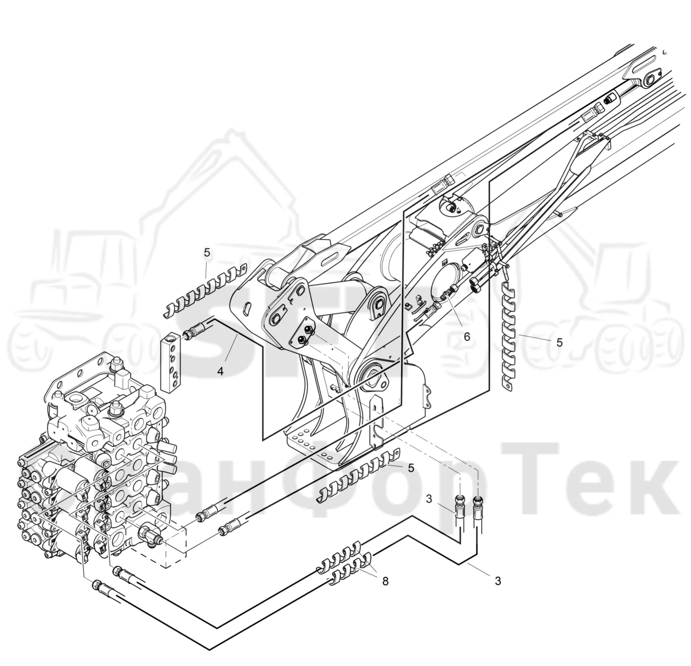 Схема: Komatsu / Лесозаготовительные машины / 901TX .1 / Каталог запасных частей / Подъемный кран / Прокладка шланга / Подвод шланга
