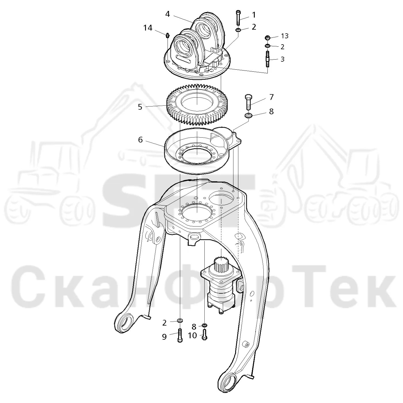 Схема: Valmet / Лесозаготовительные машины / Valmet 901.3 / Valmet 901.3 Ch -311190 / Valmet 901.3 Ch -311190 / Каталог запасных частей / Лесозаготовительное оборудование / Головка лесозаготовительной машины / Valmet 350 / Каталог запасных частей / Поворотные устройства и звенья / Поворотное устройство Механика / Поворотное устройство 1401-