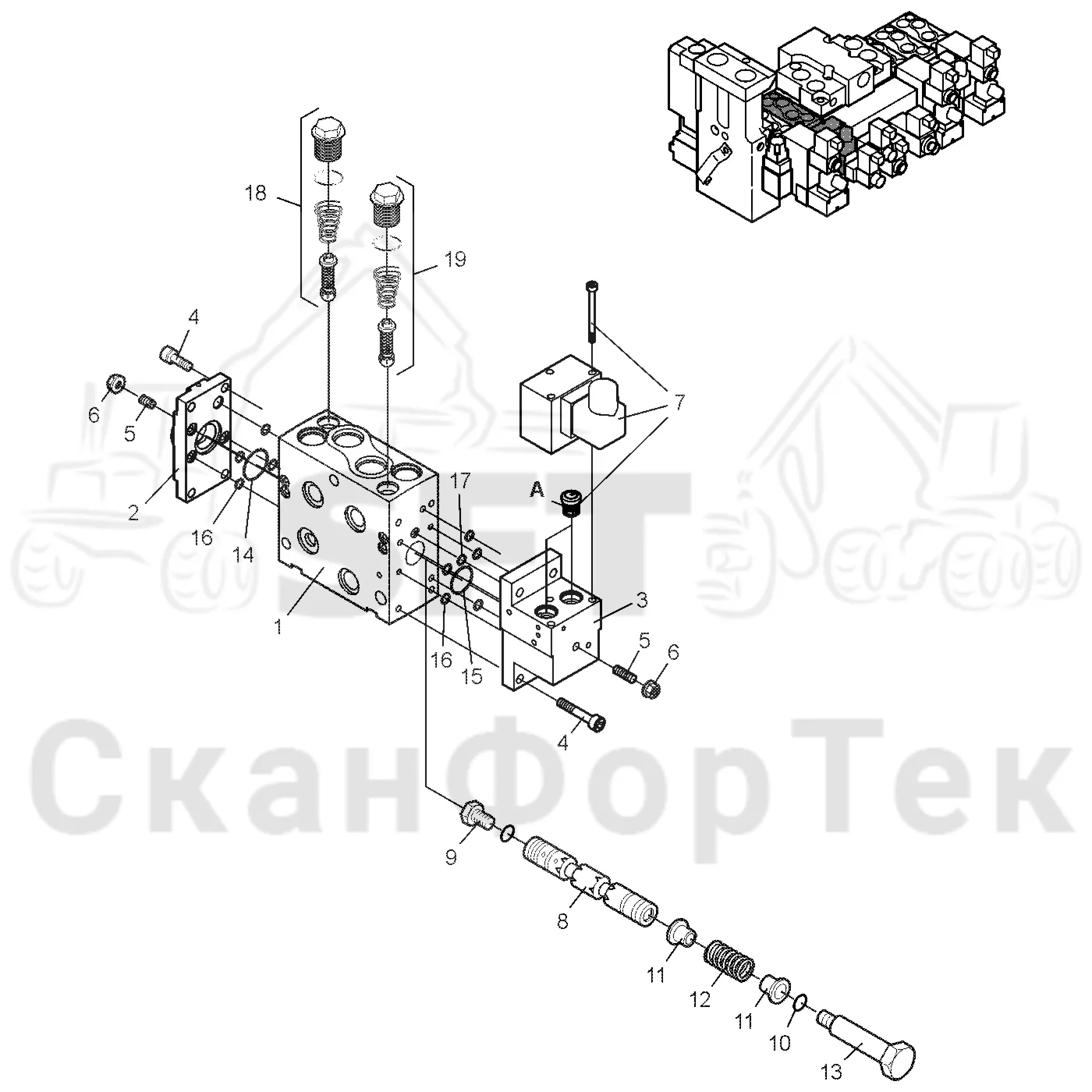 Схема: Valmet / Головки лесозаготовительной машины / Valmet 350 / Valmet 350 / Каталог запасных частей / Гидравлический клапан / Секция клапана Валка леса / Секция клапана Валка леса -11290